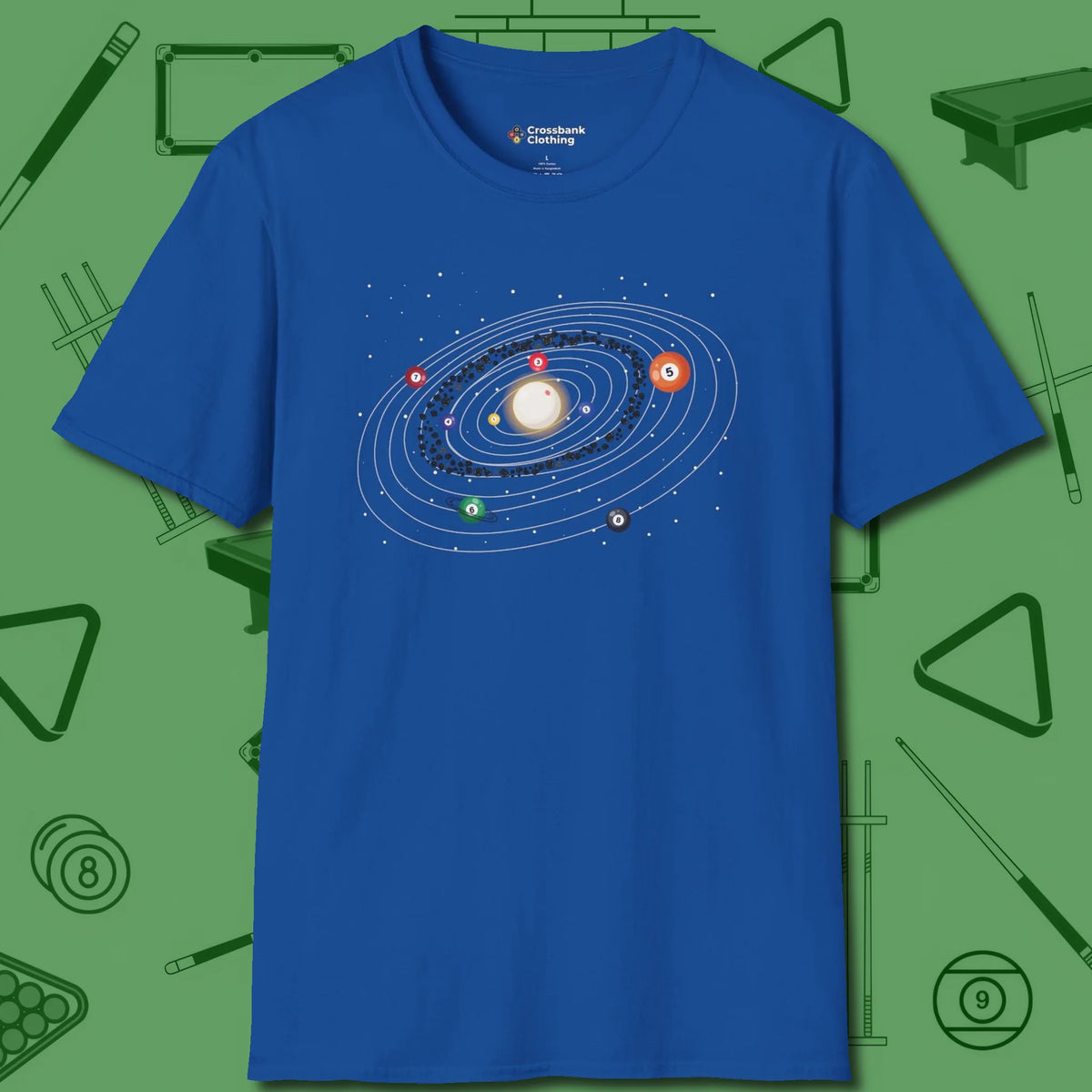 Billiards Solar System T-Shirt, front view, in Royal what champions wear between racks