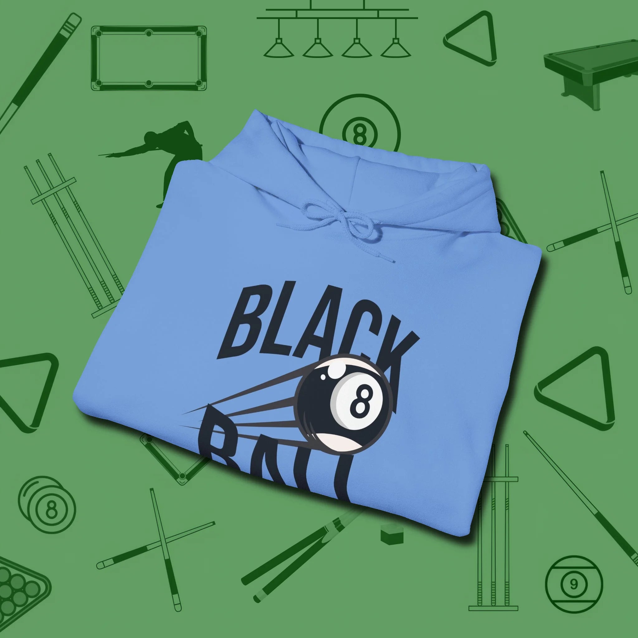 Black Ball 8-Ball Hoodie, folded view, in Carolina Blue as serious as your stroke