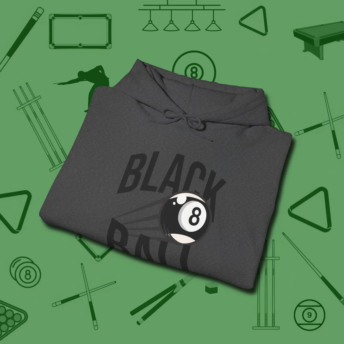 Black Ball 8-Ball Hoodie, folded view, in Dark Heather perfect for players with quiet fire