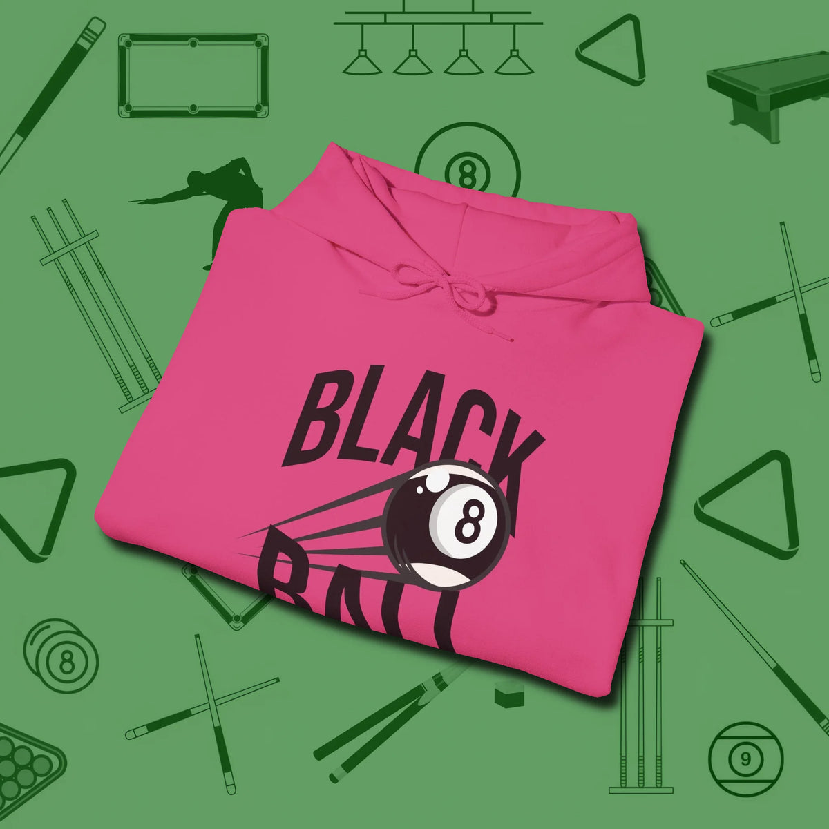 Black Ball 8-Ball Hoodie, folded view, in Heliconia where style and cue discipline collide