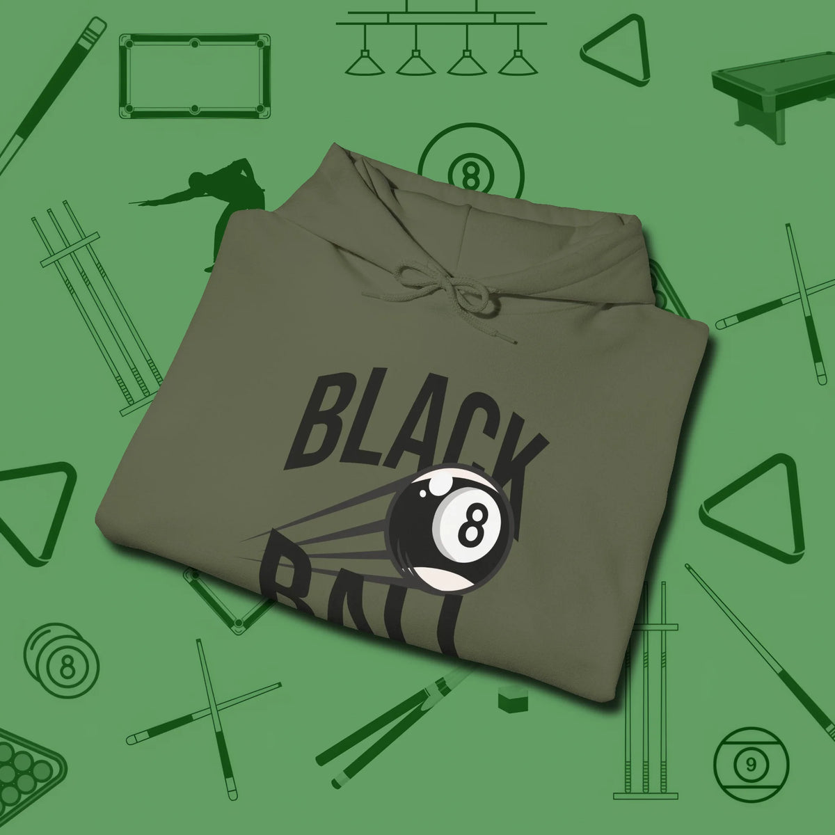 Black Ball 8-Ball Hoodie, folded view, in Military Green because the table is your battlefield