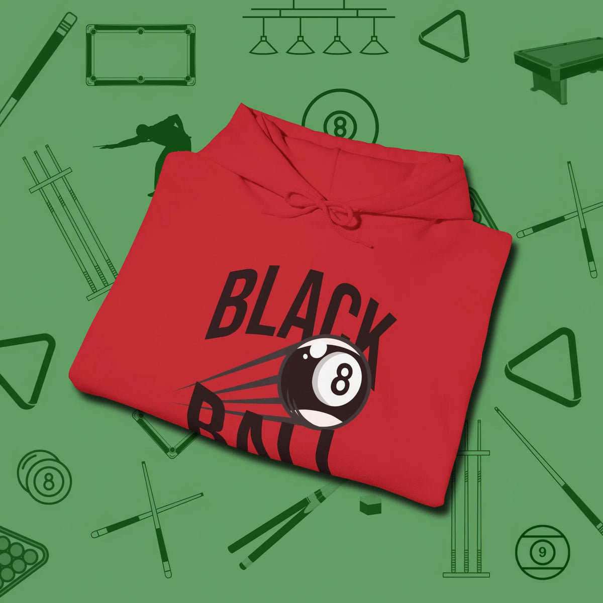 Black Ball 8-Ball Hoodie, folded view, in Red from chalk to clutch, look the part