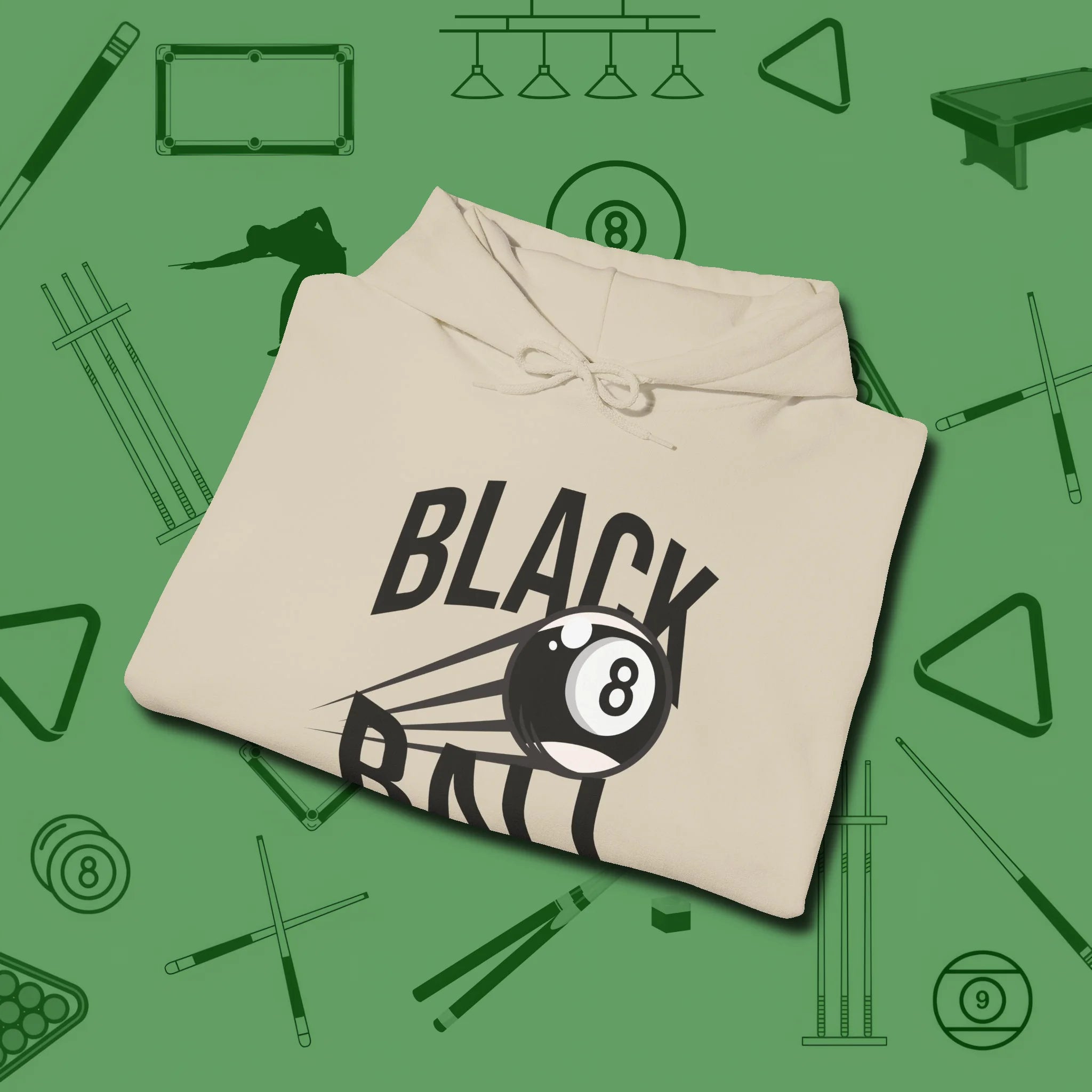 Black Ball 8-Ball Hoodie, folded view, in Sand because pool isn’t just a game — it’s who you are