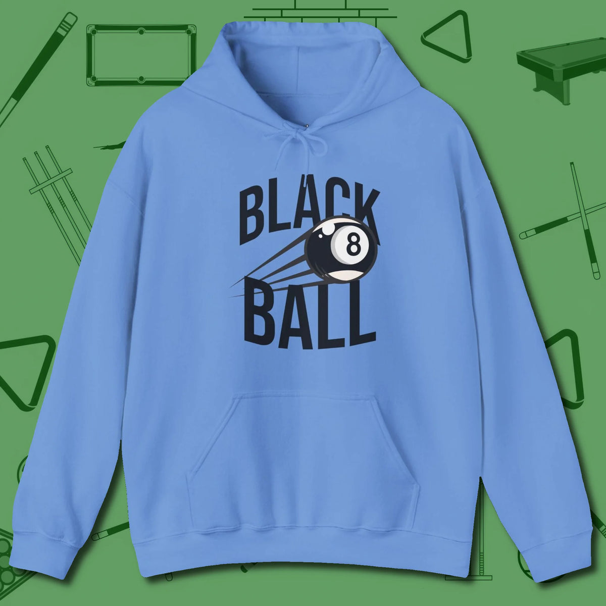 Black Ball 8-Ball Hoodie, front view, in Carolina Blue subtle drip for serious shooters