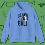 Black Ball 8-Ball Hoodie, front view, in Carolina Blue subtle drip for serious shooters