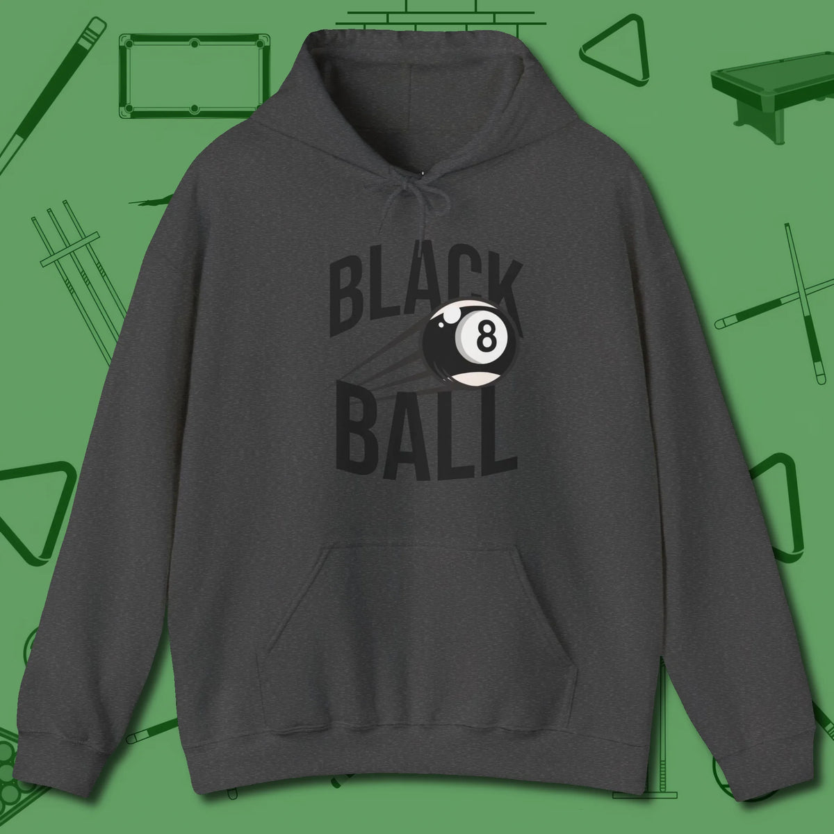 Black Ball 8-Ball Hoodie, front view, in Dark Heather put your best game on display