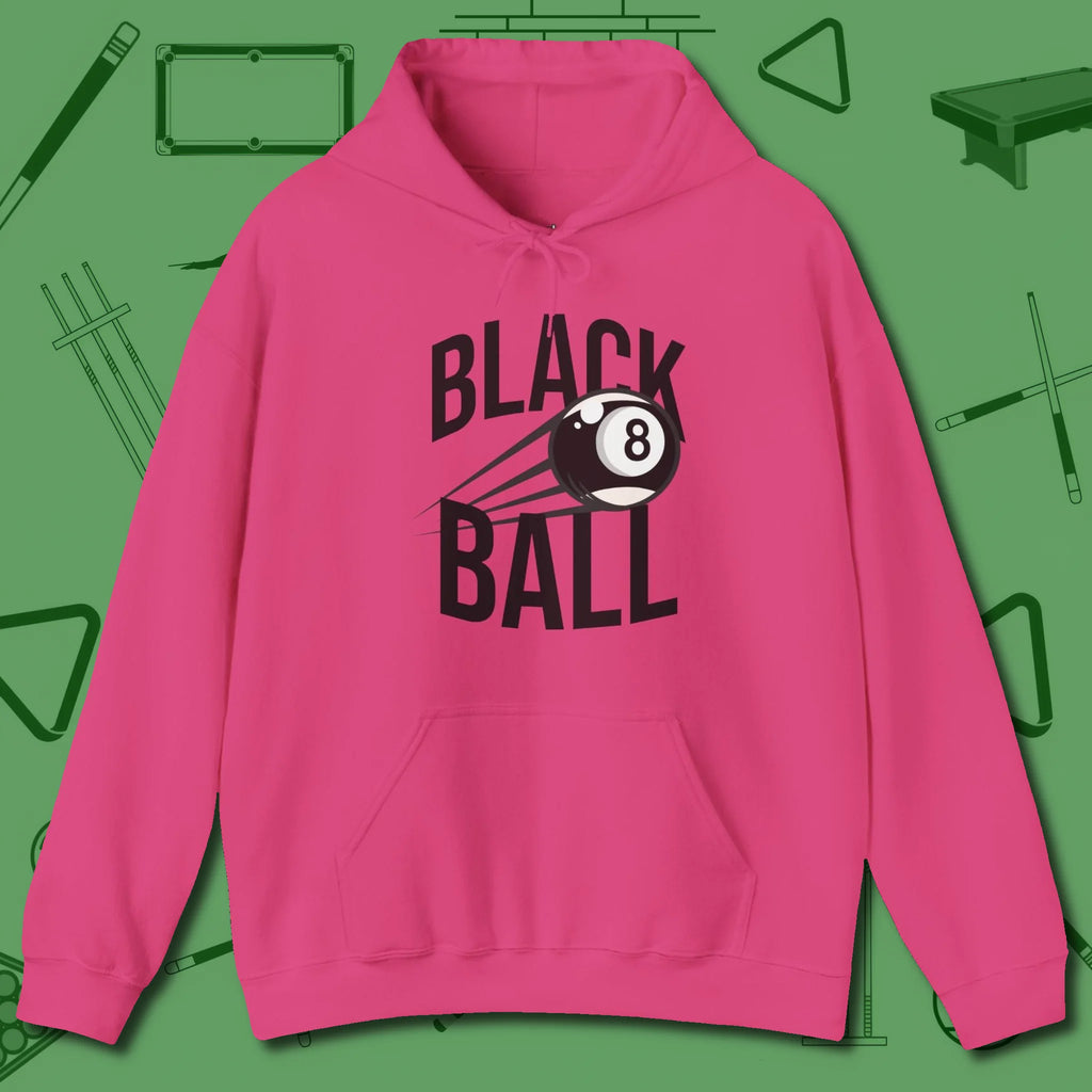 Black Ball 8-Ball Hoodie, front view, in Heliconia cue sports swagger done right