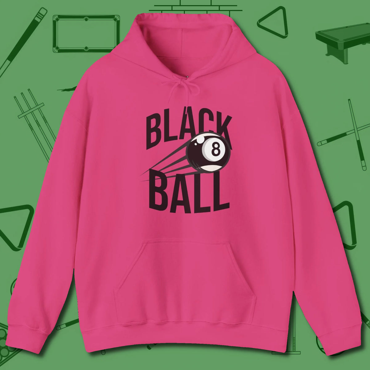 Black Ball 8-Ball Hoodie, front view, in Heliconia cue sports swagger done right