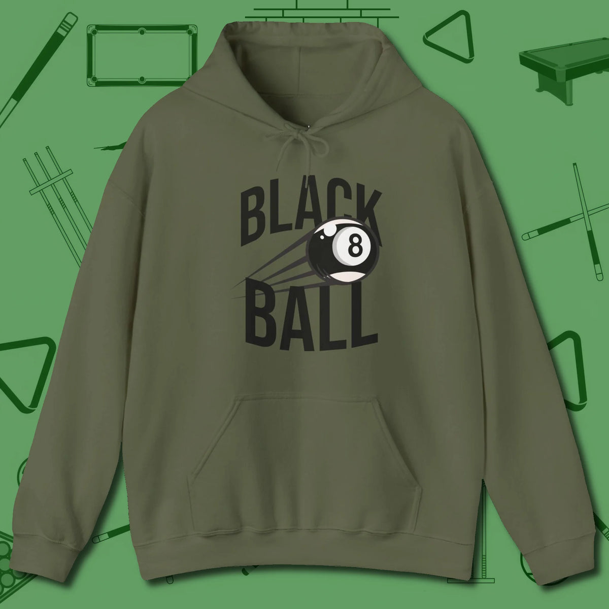 Black Ball 8-Ball Hoodie, front view, in Military Green what the real shooters wear