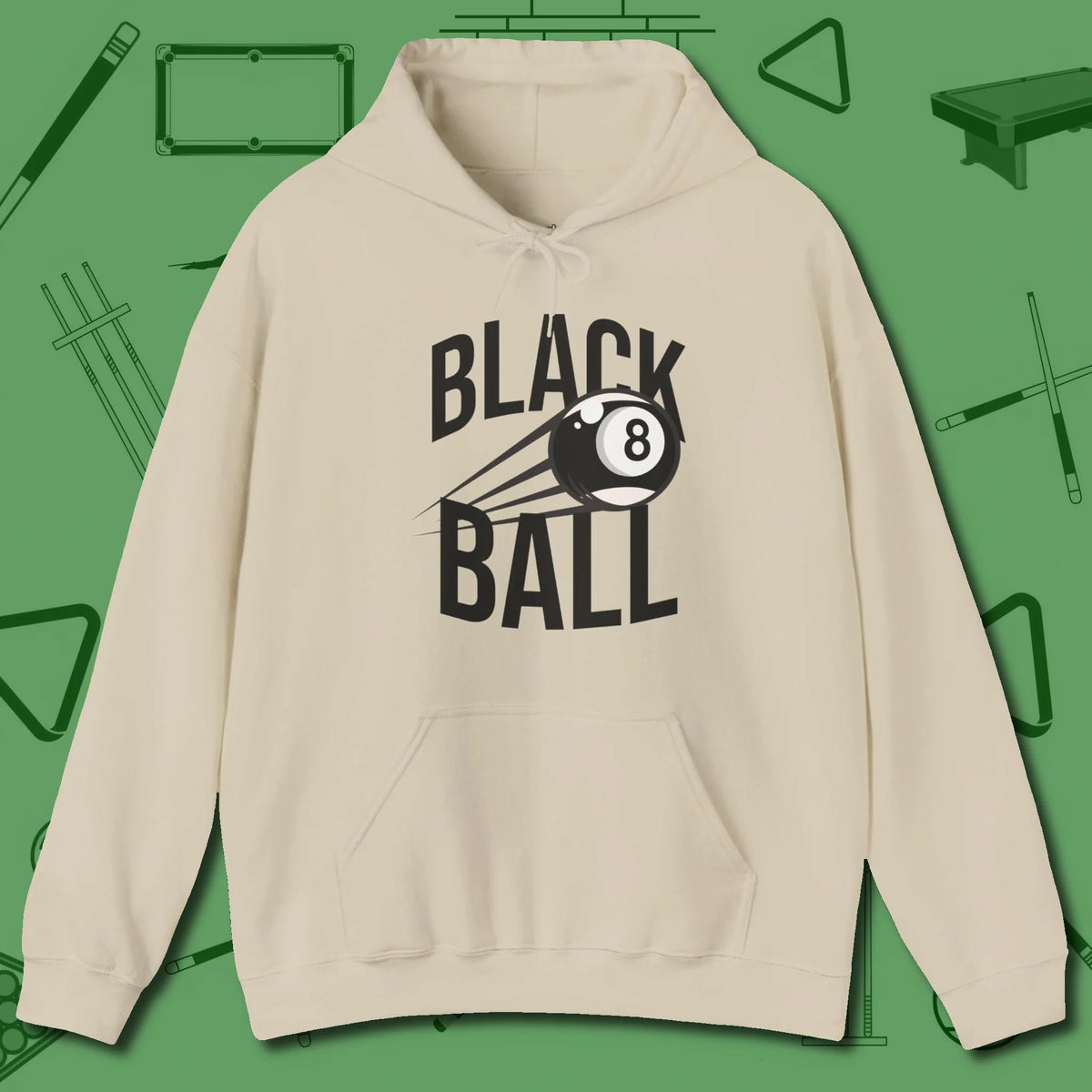Black Ball 8-Ball Hoodie, front view, in Sand from chalk to clutch, look the part