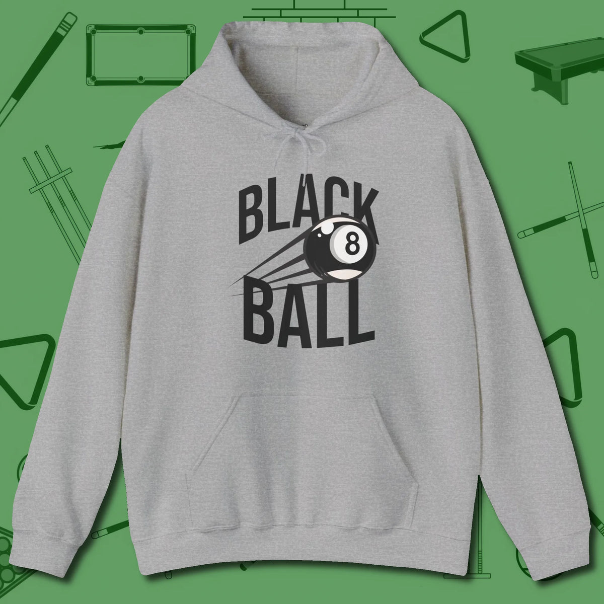 Black Ball 8-Ball Hoodie, front view, in Sport Grey your go-to shirt for league night victories
