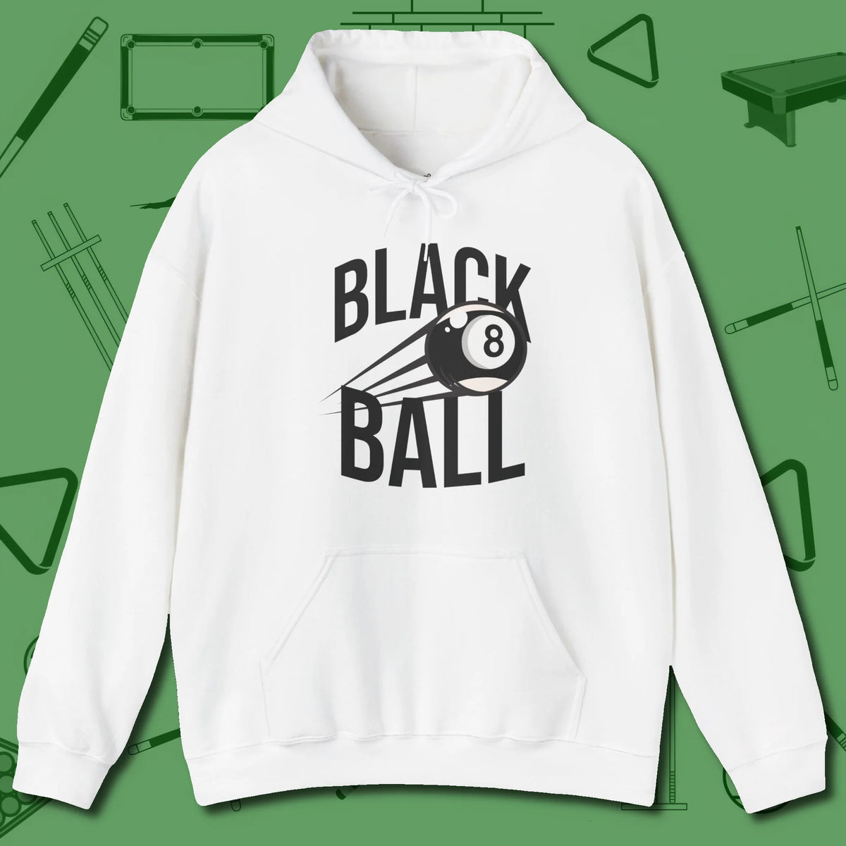 Black Ball 8-Ball Hoodie, front view, in White designed for dead stroke and deadpan looks