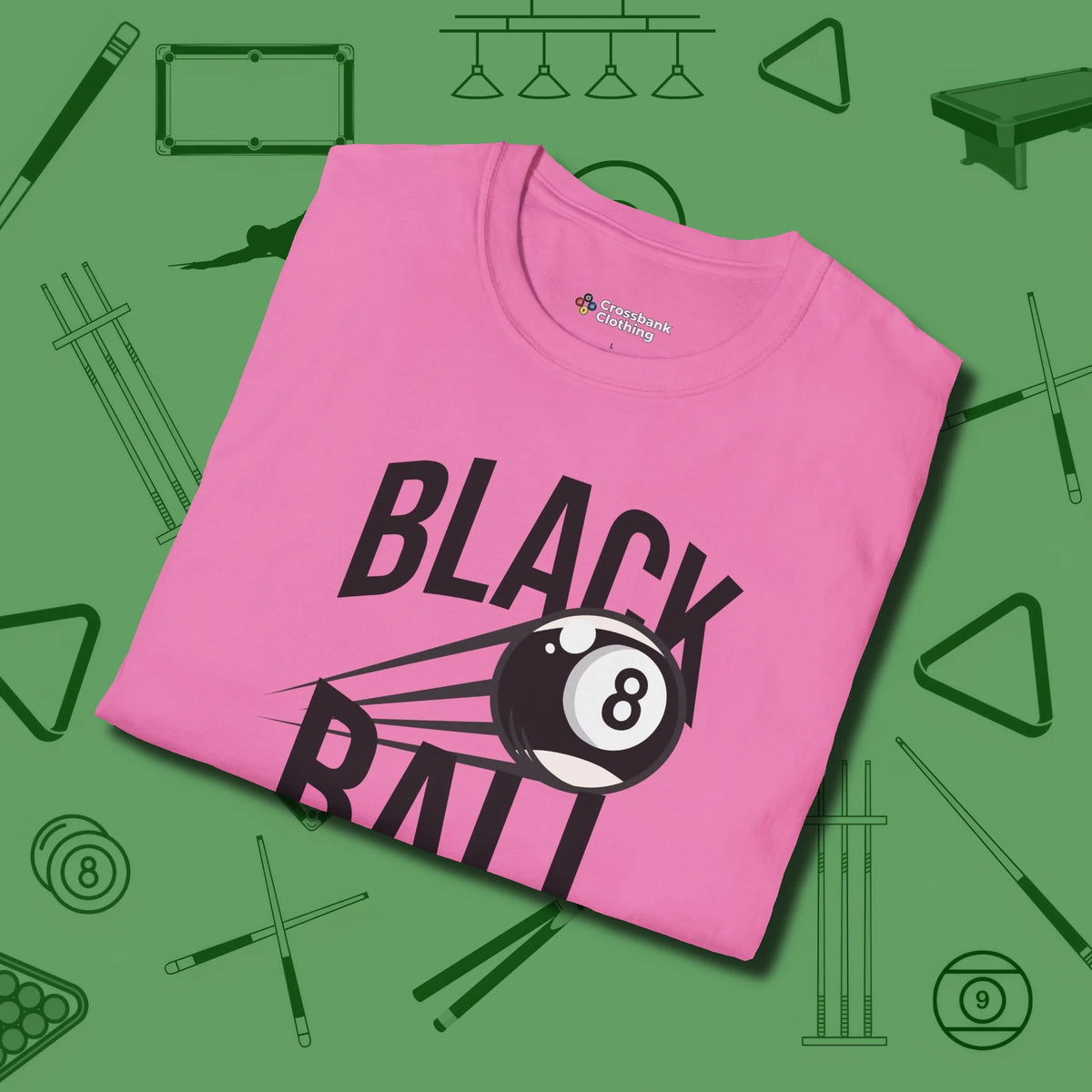Black Ball 8-Ball T-Shirt, folded view, in Azalea subtle drip for serious shooters