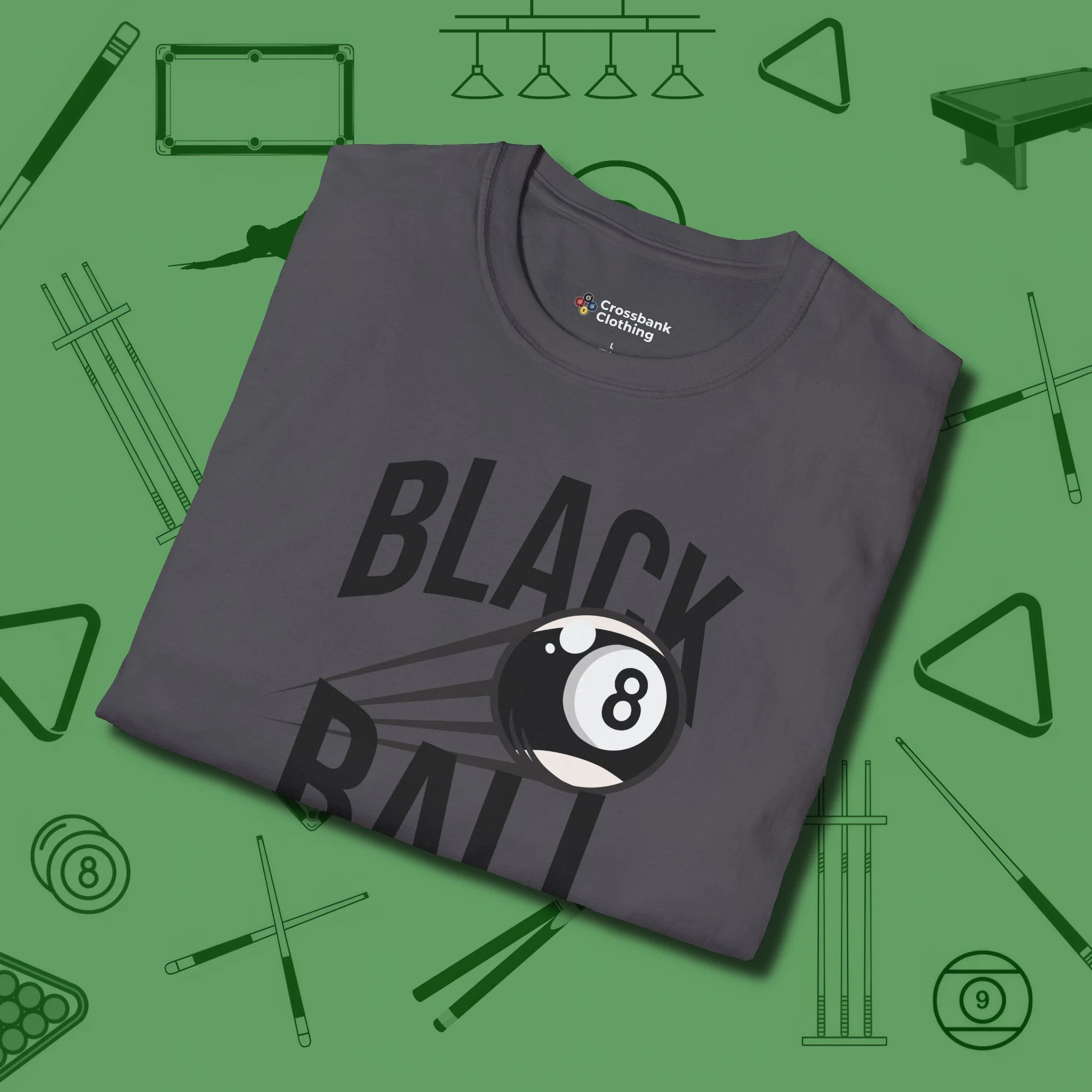 Black Ball 8-Ball T-Shirt, folded view, in Charcoal look good while calling your pocket