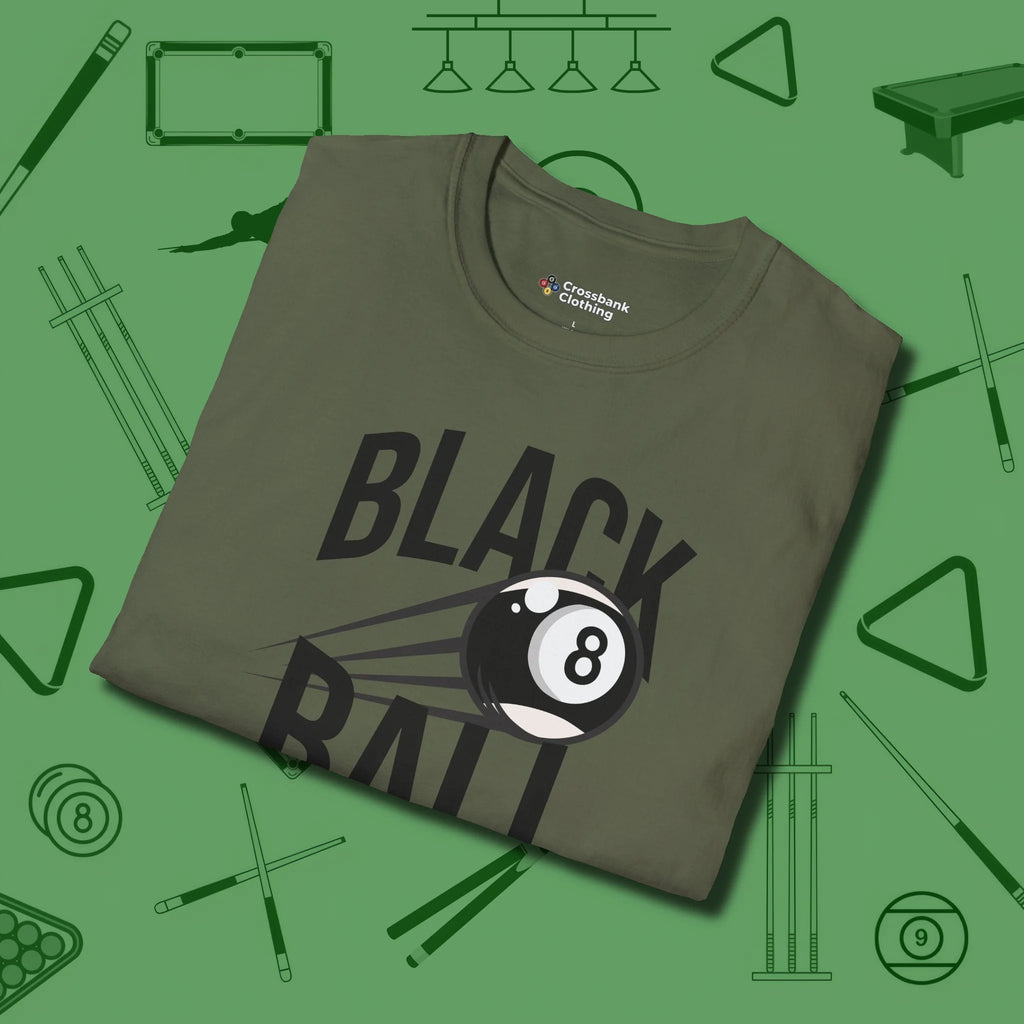 Black Ball 8-Ball T-Shirt, folded view, in Military Green for shooters who dress like they play: sharp