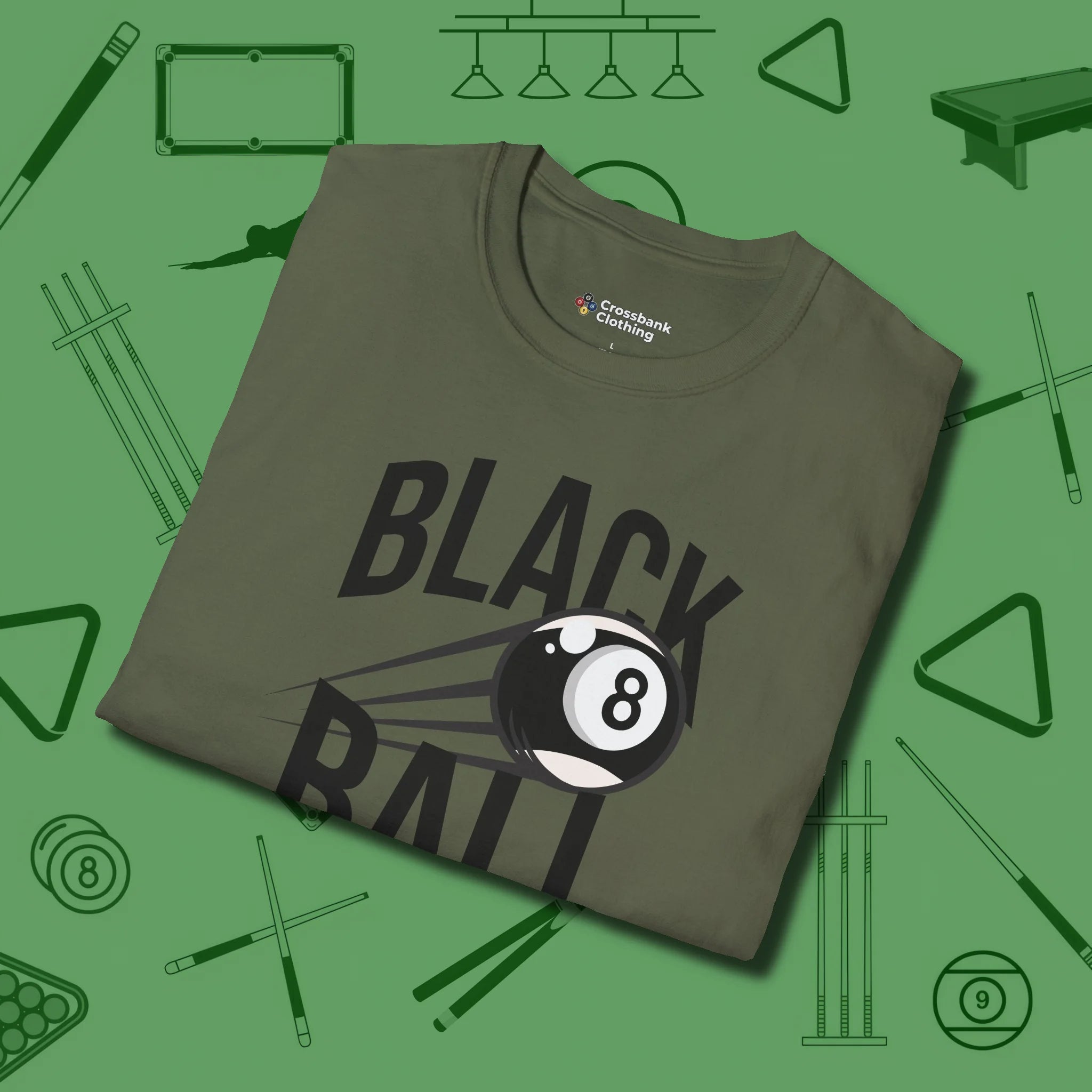 Black Ball 8-Ball T-Shirt, folded view, in Military Green for shooters who dress like they play: sharp