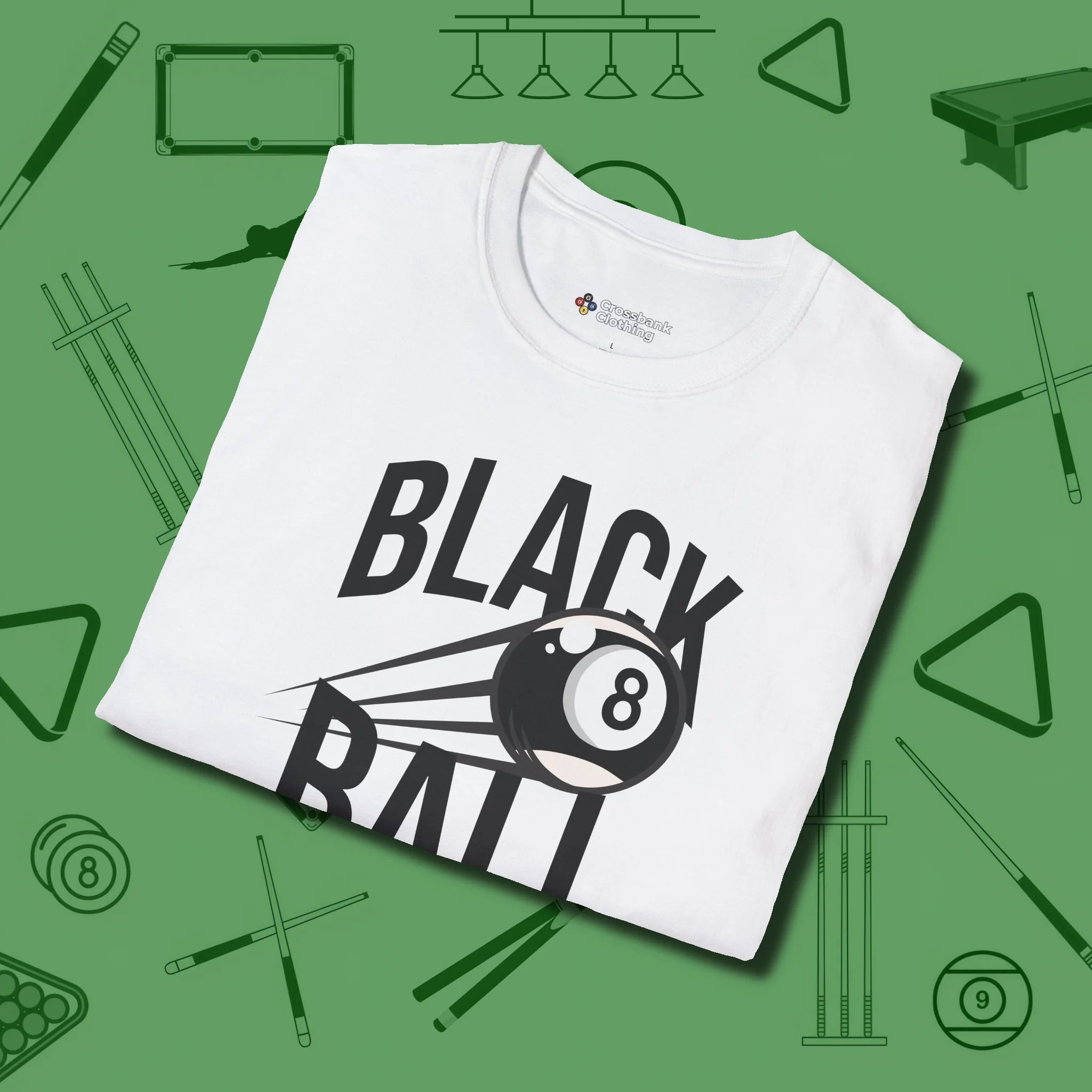 Black Ball 8-Ball T-Shirt, folded view, in White like your stroke — smooth and deliberate