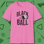 Black Ball 8-Ball T-Shirt, front view, in Azalea for hustlers who keep it honest