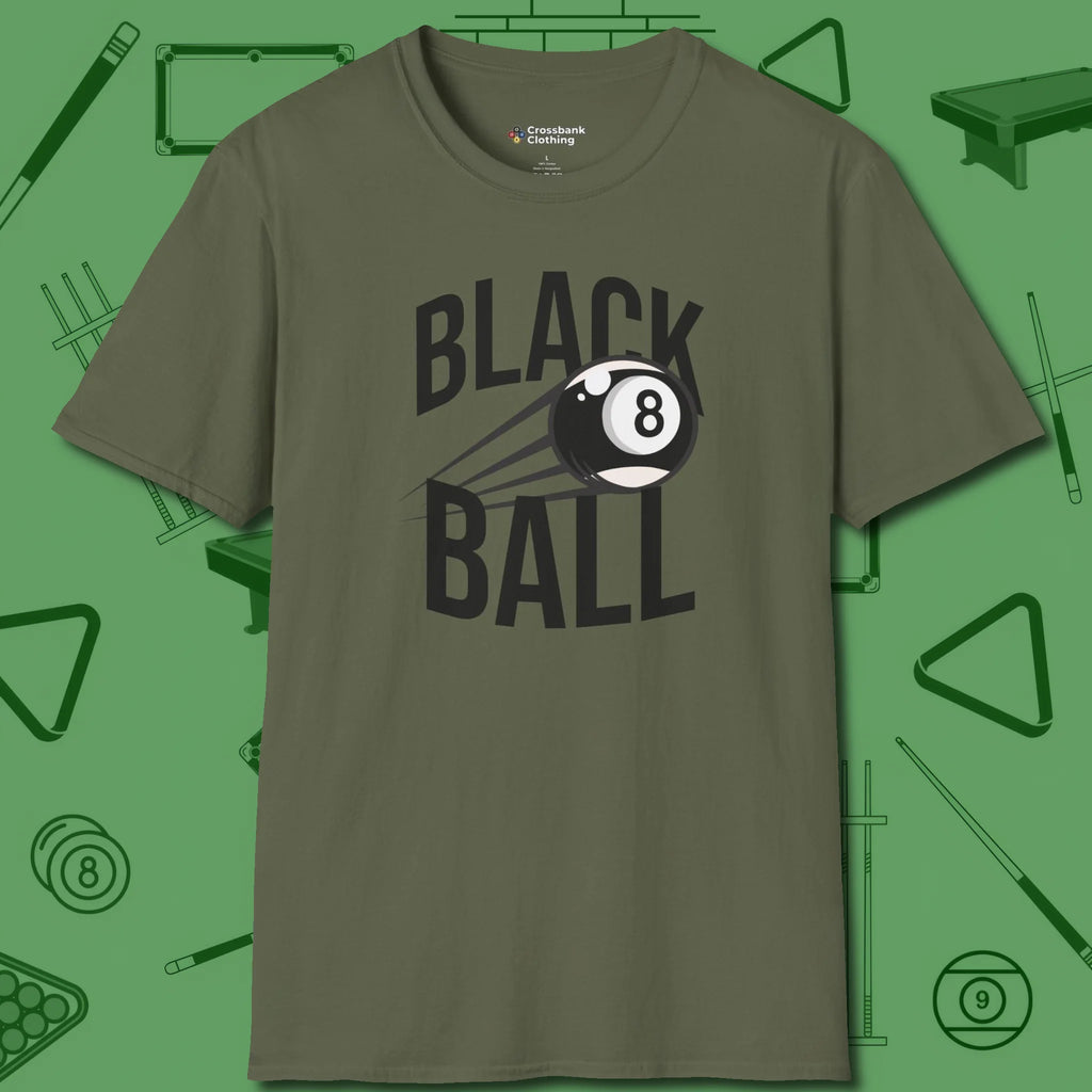 Black Ball 8-Ball T-Shirt, front view, in Military Green an extension of your pool persona
