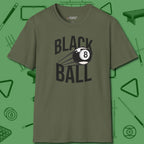 Black Ball 8-Ball T-Shirt, front view, in Military Green an extension of your pool persona