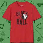 Black Ball 8-Ball T-Shirt, front view, in Red perfect for players with quiet fire