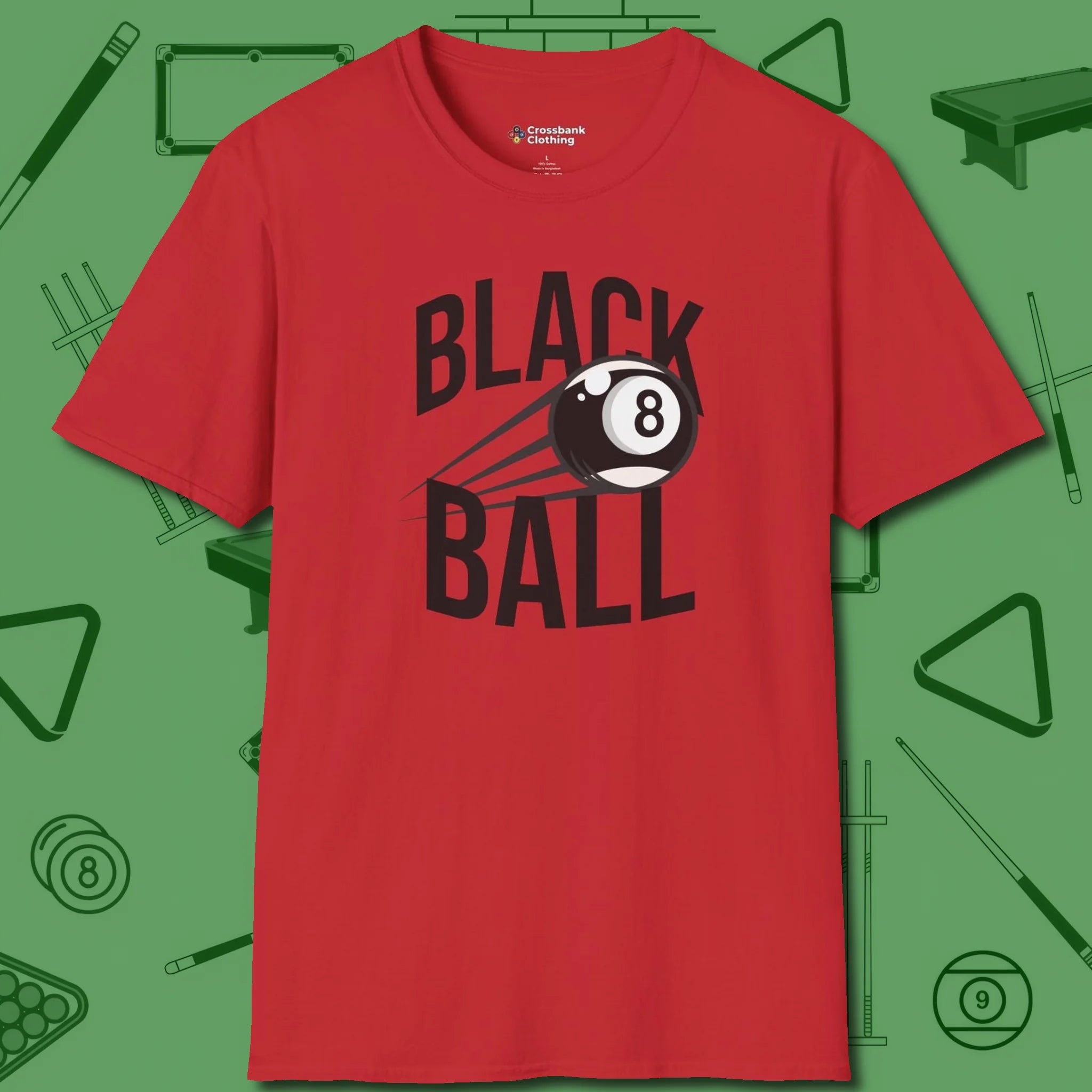 Black Ball 8-Ball T-Shirt, front view, in Red perfect for players with quiet fire