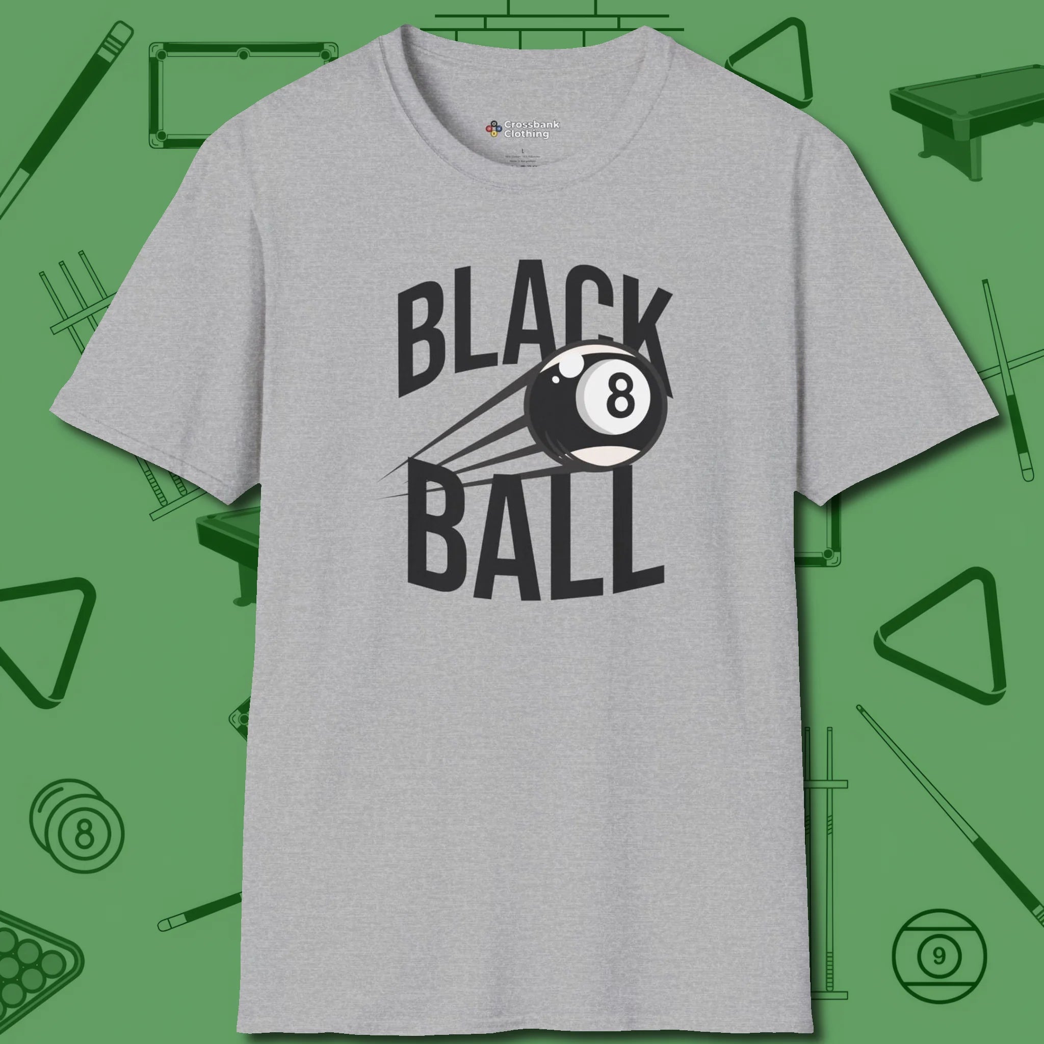 Black Ball 8-Ball T-Shirt, front view, in Sport Grey confidence stitched in every seam