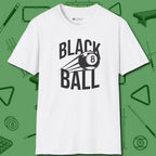 Black Ball 8-Ball T-Shirt, front view, in White tough like your favorite break cue