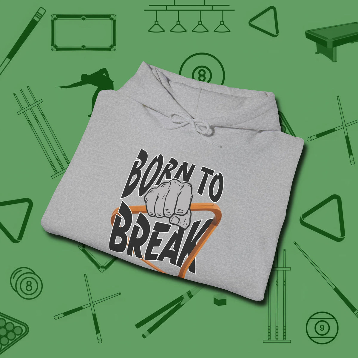 Born to Break Hoodie, folded view, in Sport Grey where cue control meets personal style