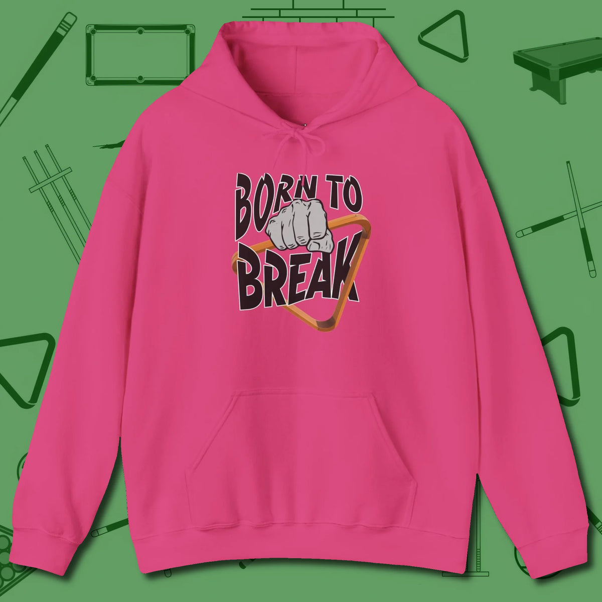 Born to Break Hoodie, front view, in Heliconia as serious as your stroke
