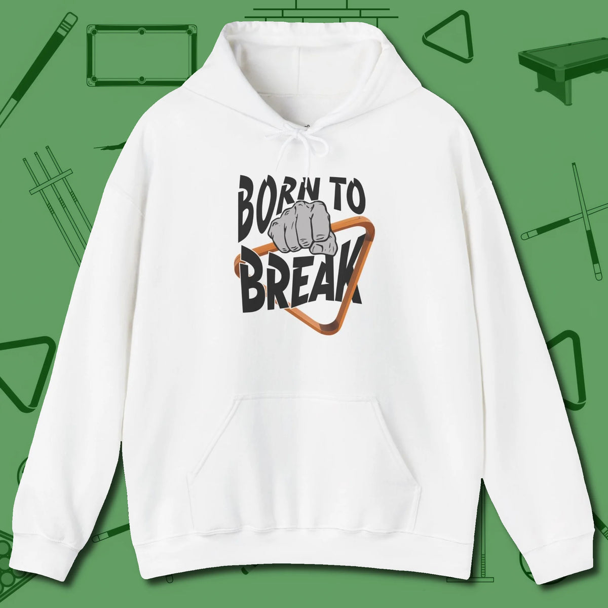 Born to Break Hoodie, front view, in White cue up respect every time you wear it