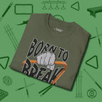 Born To Break T-Shirt, folded view, in Military Green classic cue style, no gimmicks