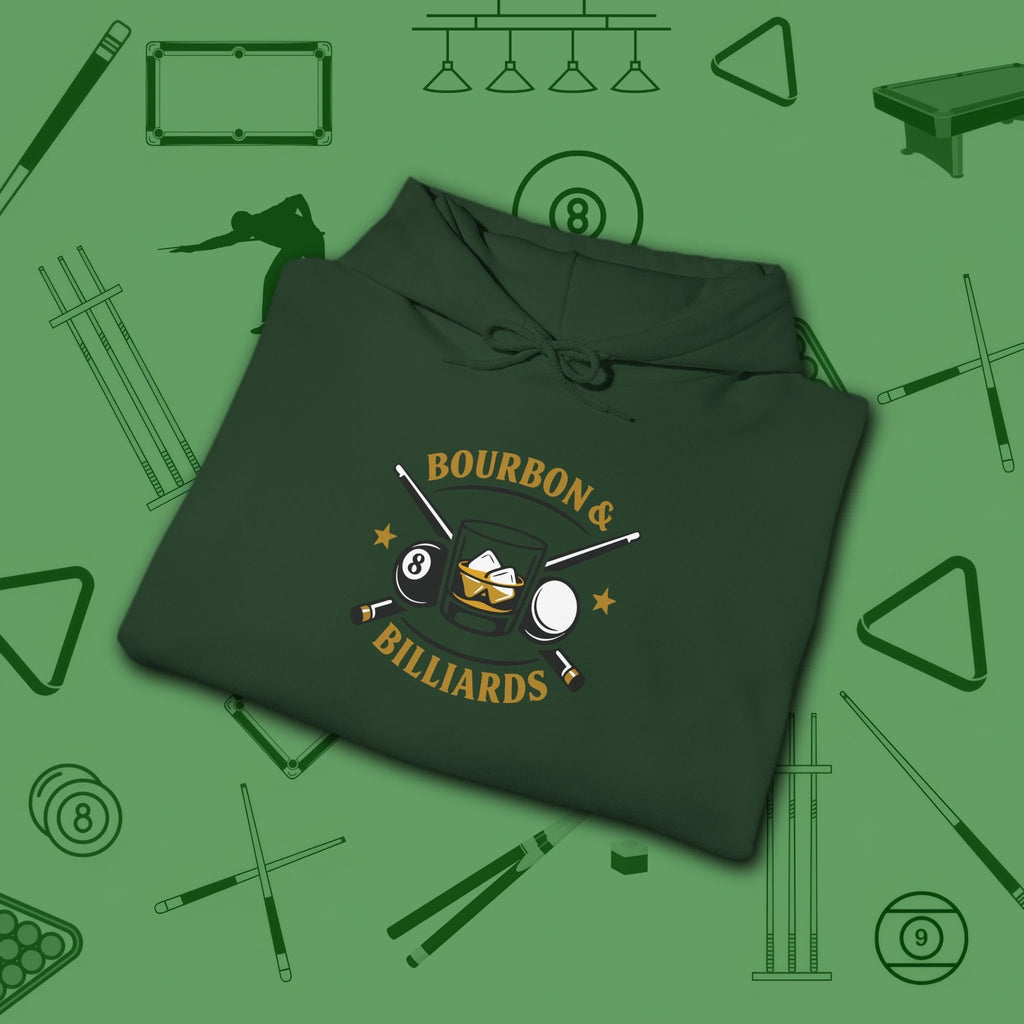Bourbon and Billiards Hoodie, in Forest Green color, pool hoodie, folded view