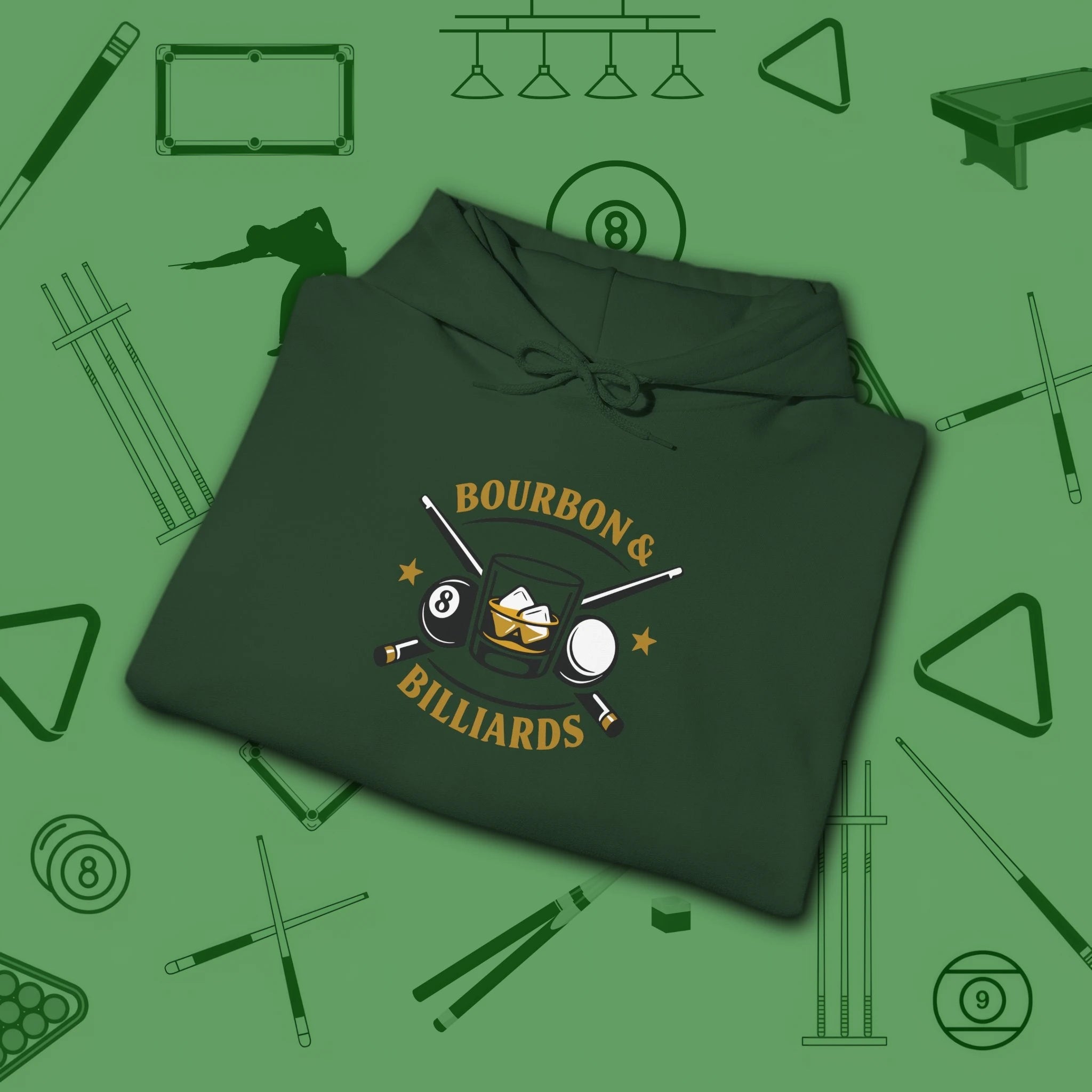 Bourbon and Billiards Hoodie, in Forest Green color, pool hoodie, folded view