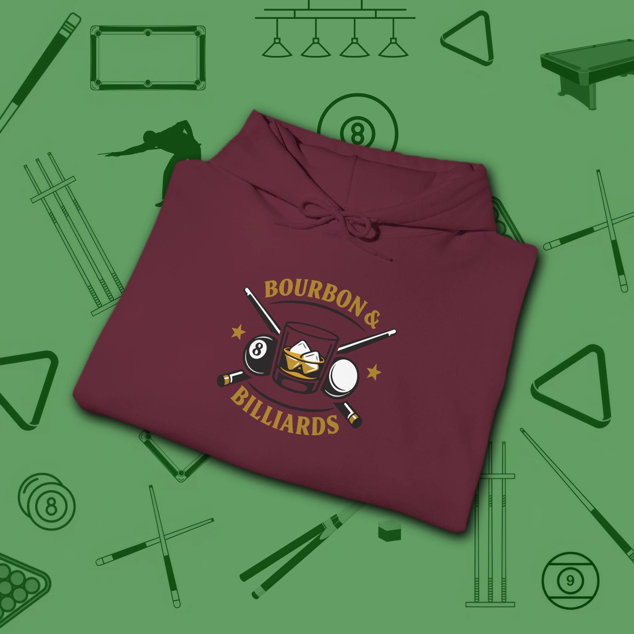 Bourbon and Billiards Hoodie, in Maroon color, pool hoodie, folded view