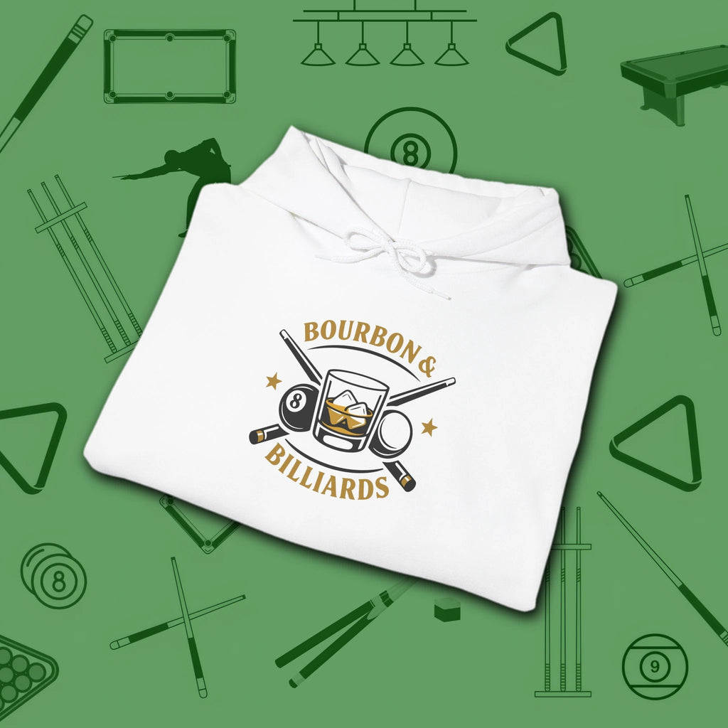 Bourbon and Billiards Hoodie, in White color, pool hoodie, folded view