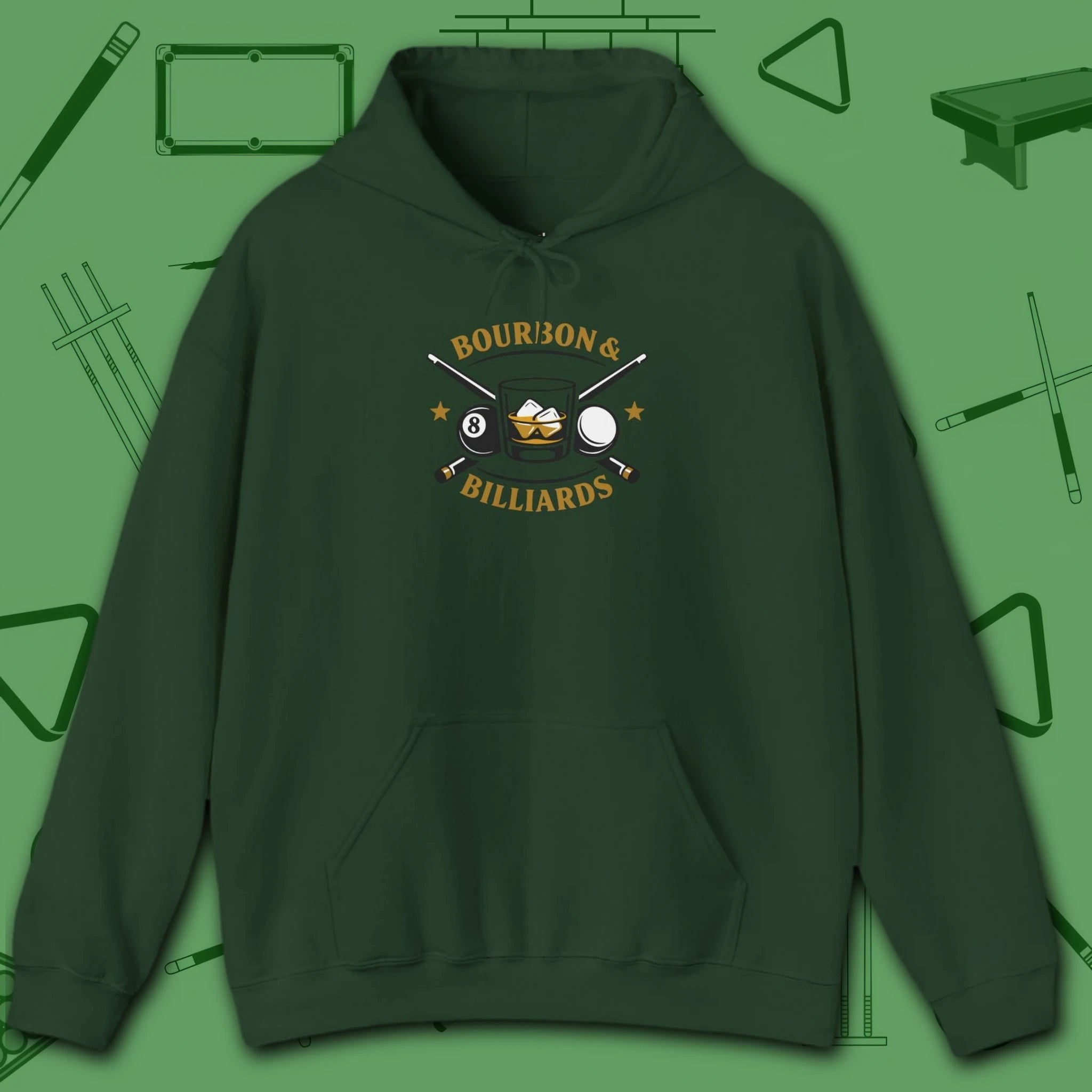 Bourbon and Billiards Hoodie, in Forest Green color, pool hoodie, front view