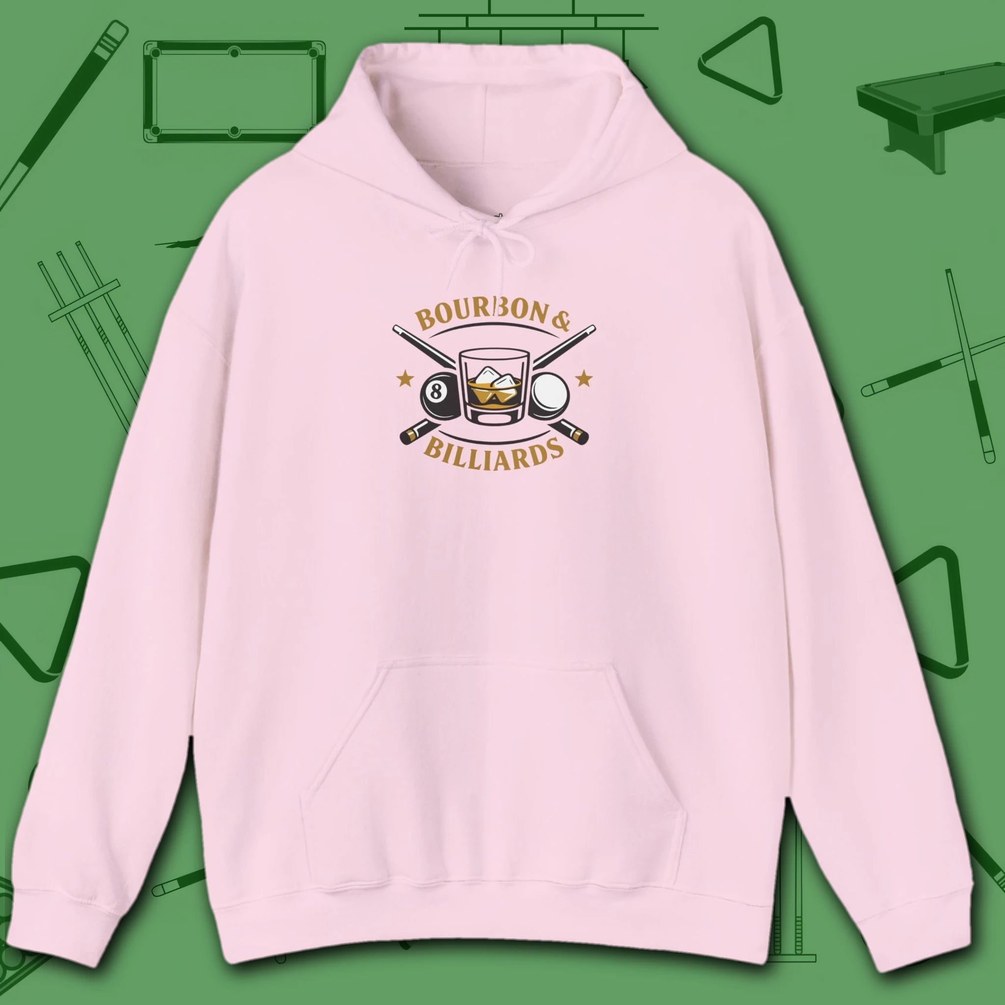 Bourbon and Billiards Hoodie, in Light Pink color, pool hoodie, front view
