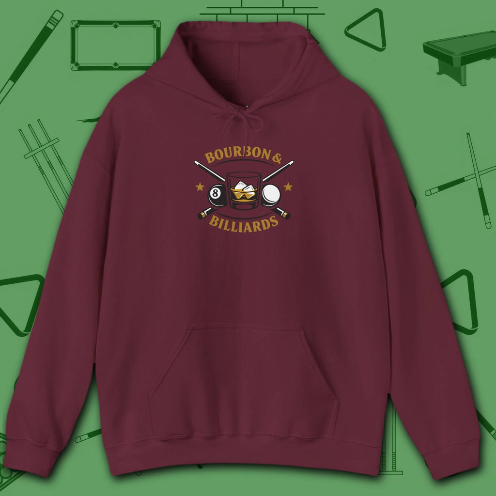 Bourbon and Billiards Hoodie, in Maroon color, pool hoodie, front view