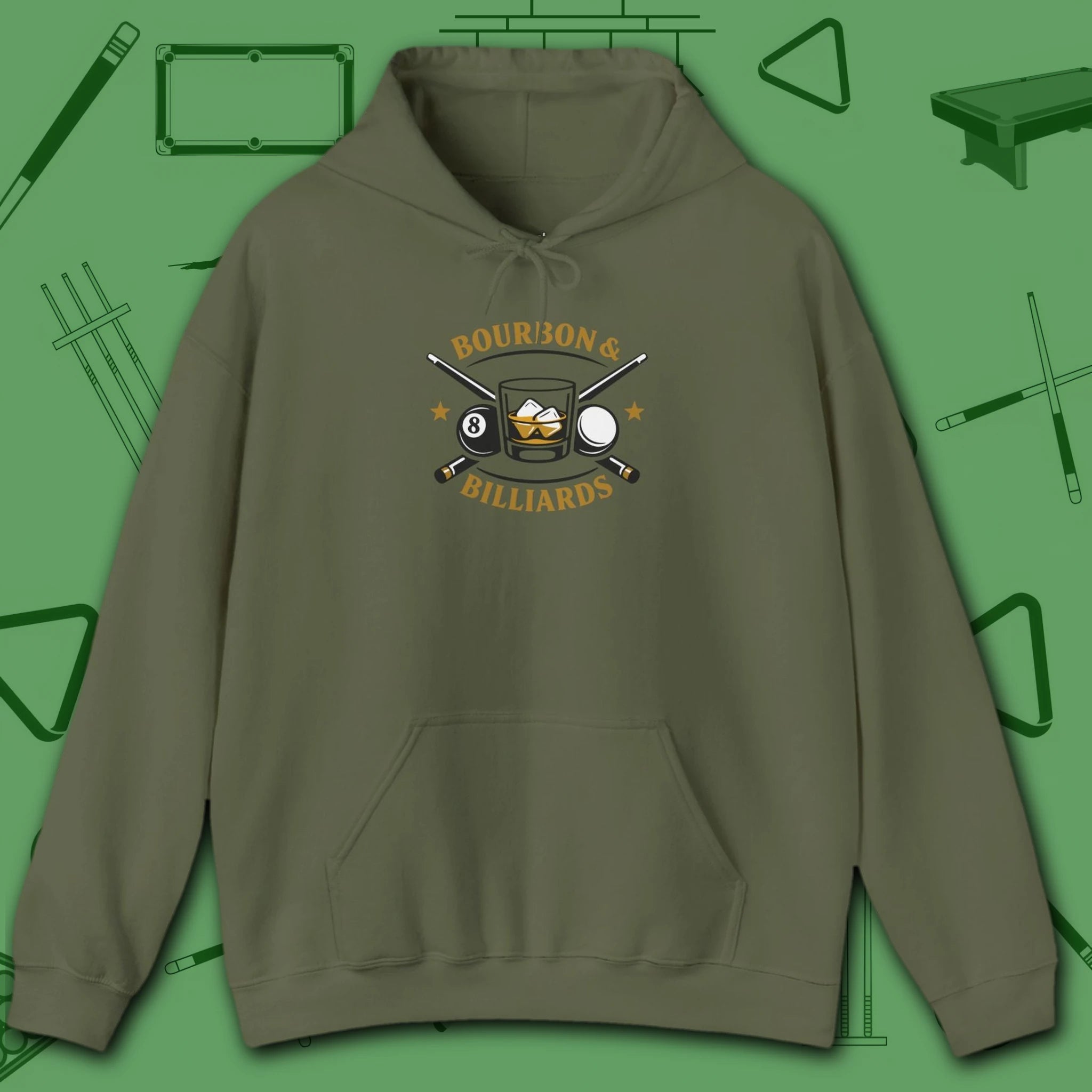 Bourbon and Billiards Hoodie, in Military Green color, pool hoodie, front view