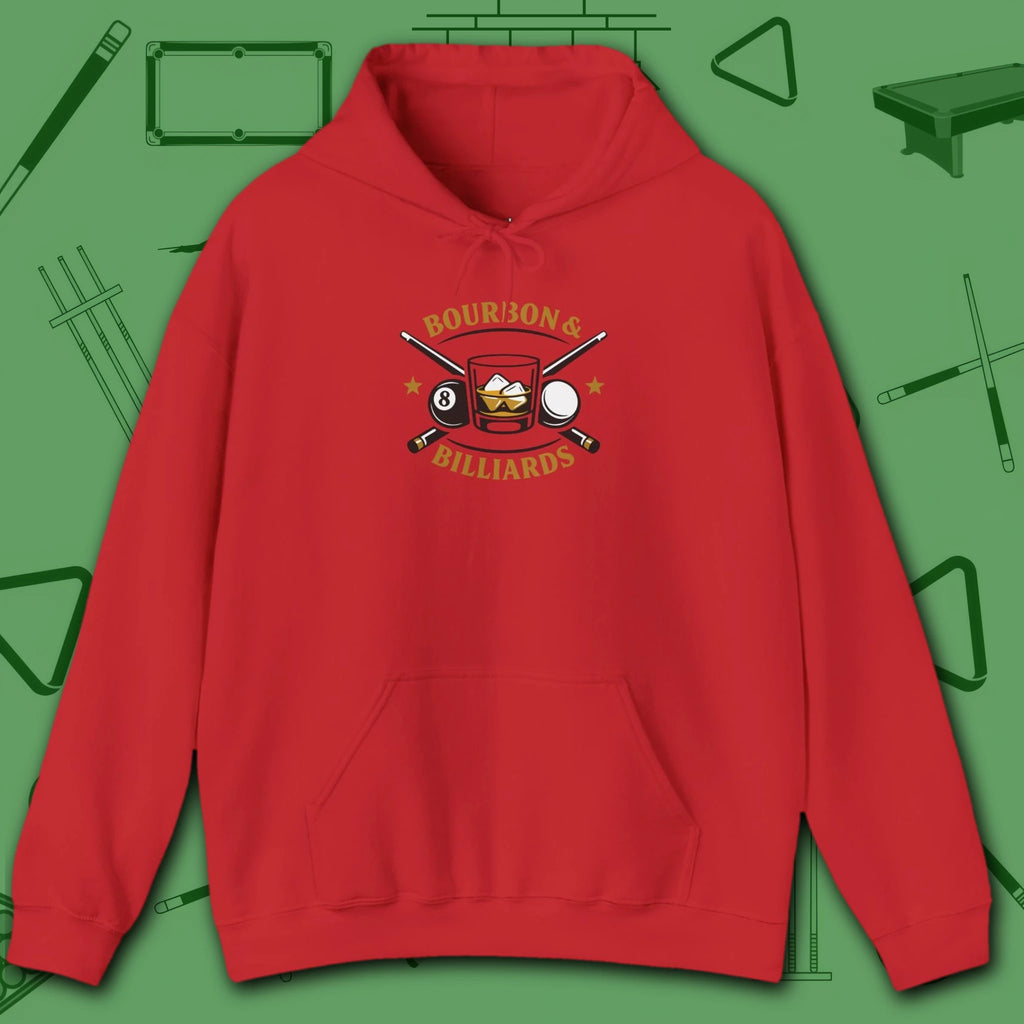 Bourbon and Billiards Hoodie, in Red color, pool hoodie, front view