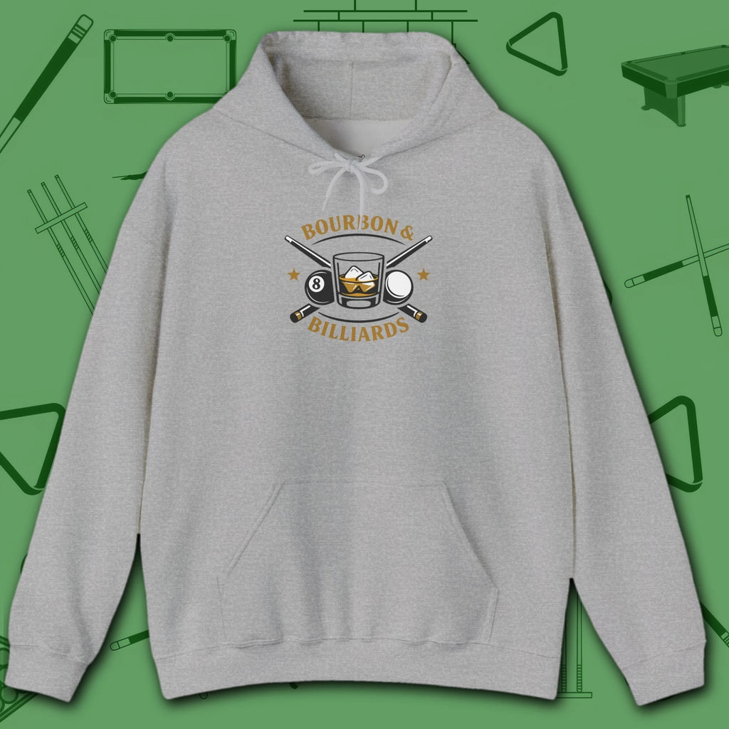 Bourbon and Billiards Hoodie, in Sport Grey color, pool hoodie, front view