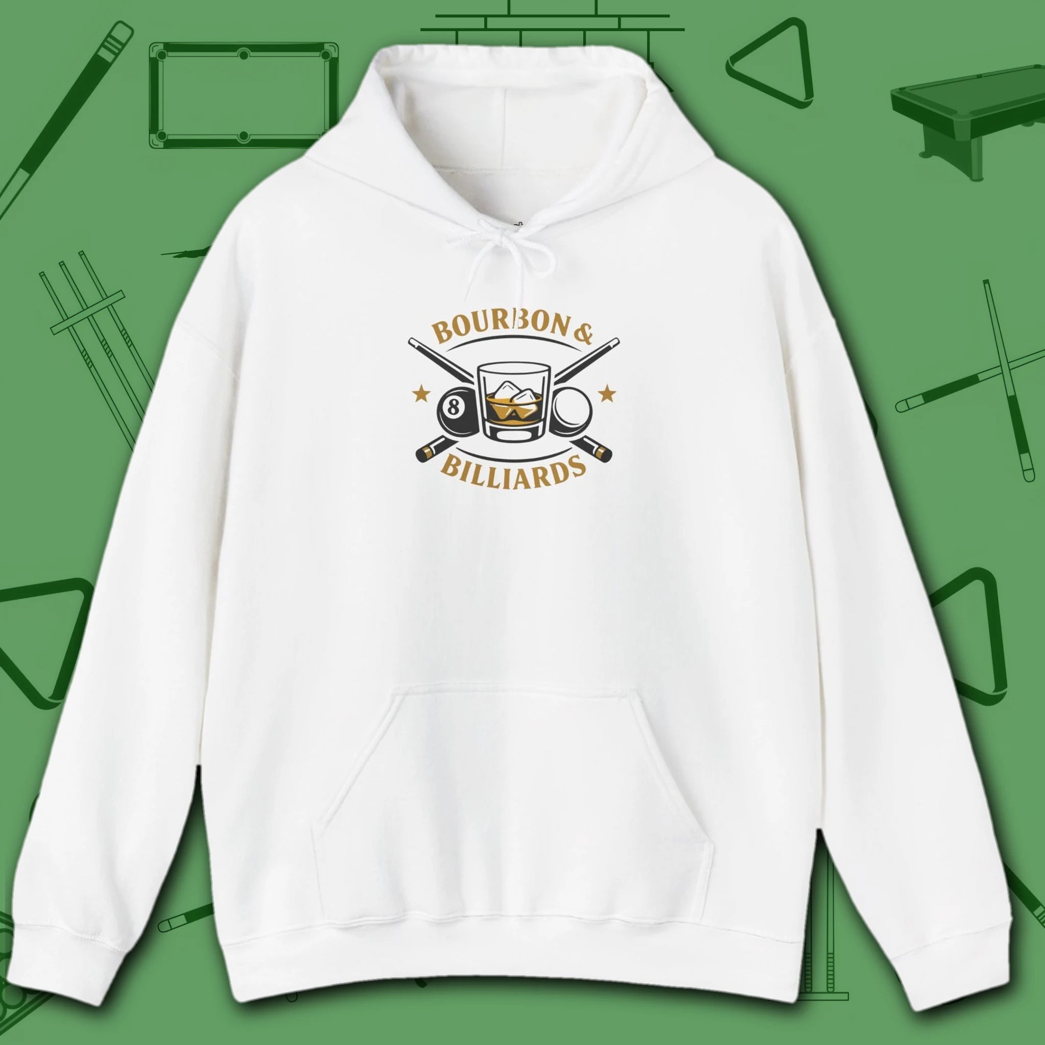 Bourbon and Billiards Hoodie, in White color, pool hoodie, front view