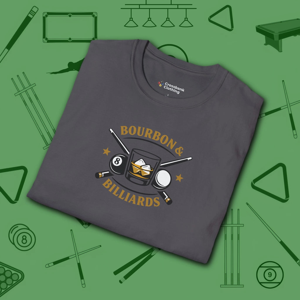 Bourbon and Billiards T-Shirt, in Charcoal color, pool shirt, folded view