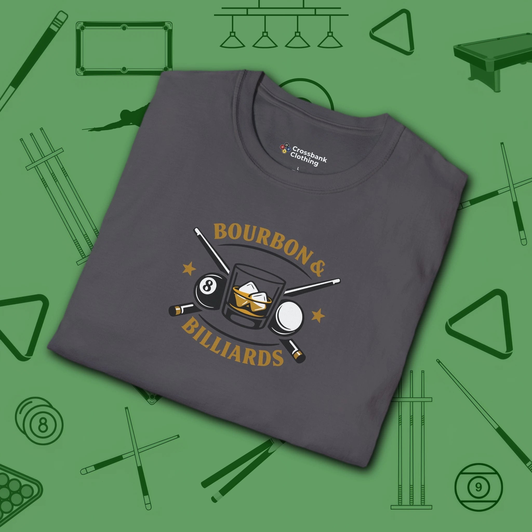 Bourbon and Billiards T-Shirt, in Charcoal color, pool shirt, folded view