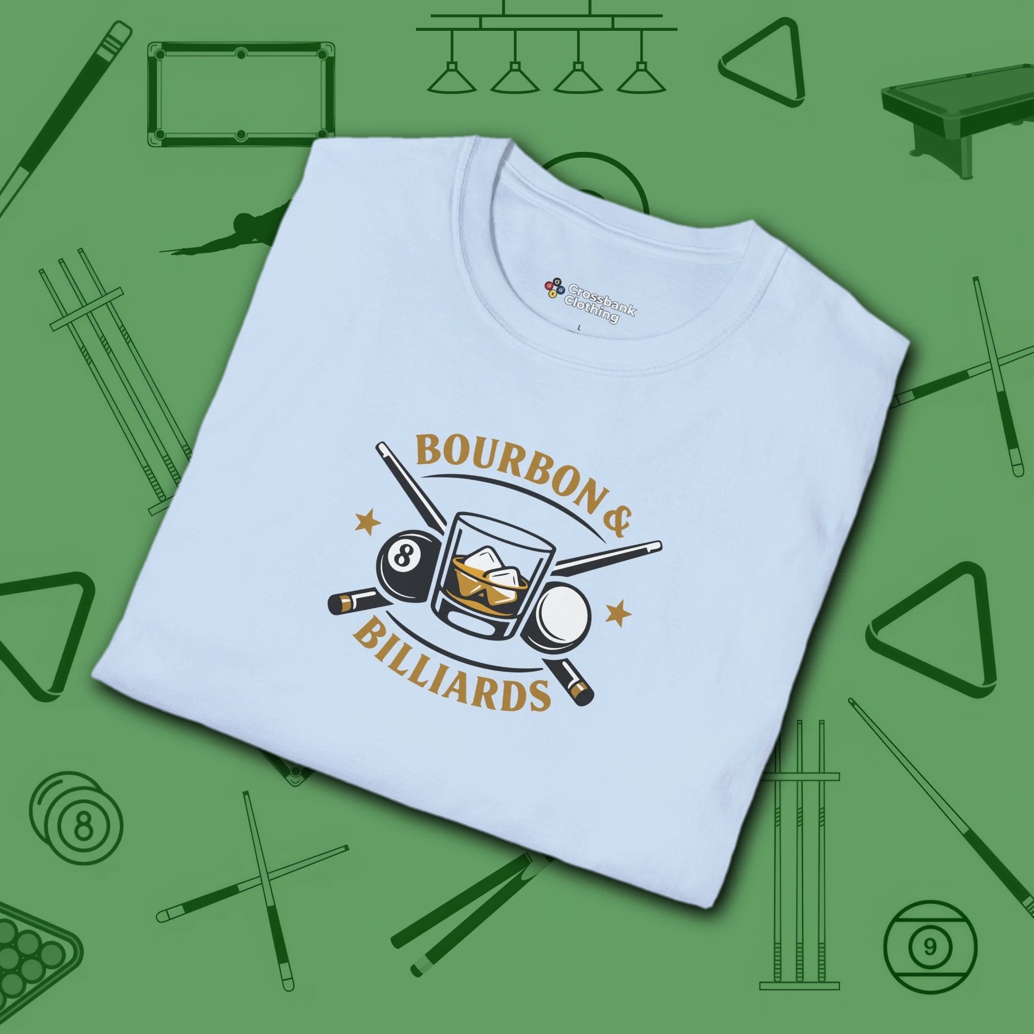 Bourbon and Billiards T-Shirt, in Light Blue color, pool shirt, folded view