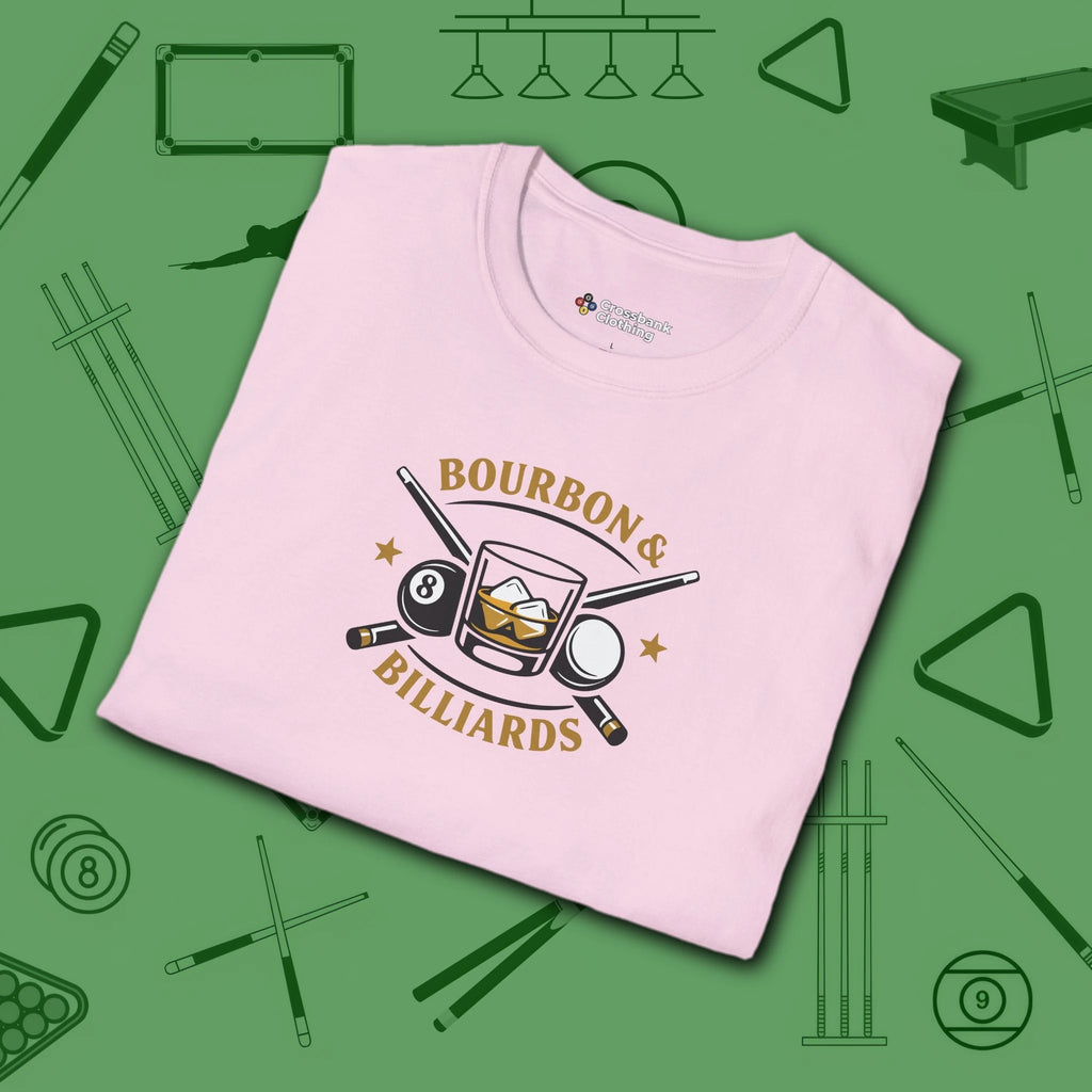 Bourbon and Billiards T-Shirt, in Light Pink color, pool shirt, folded view