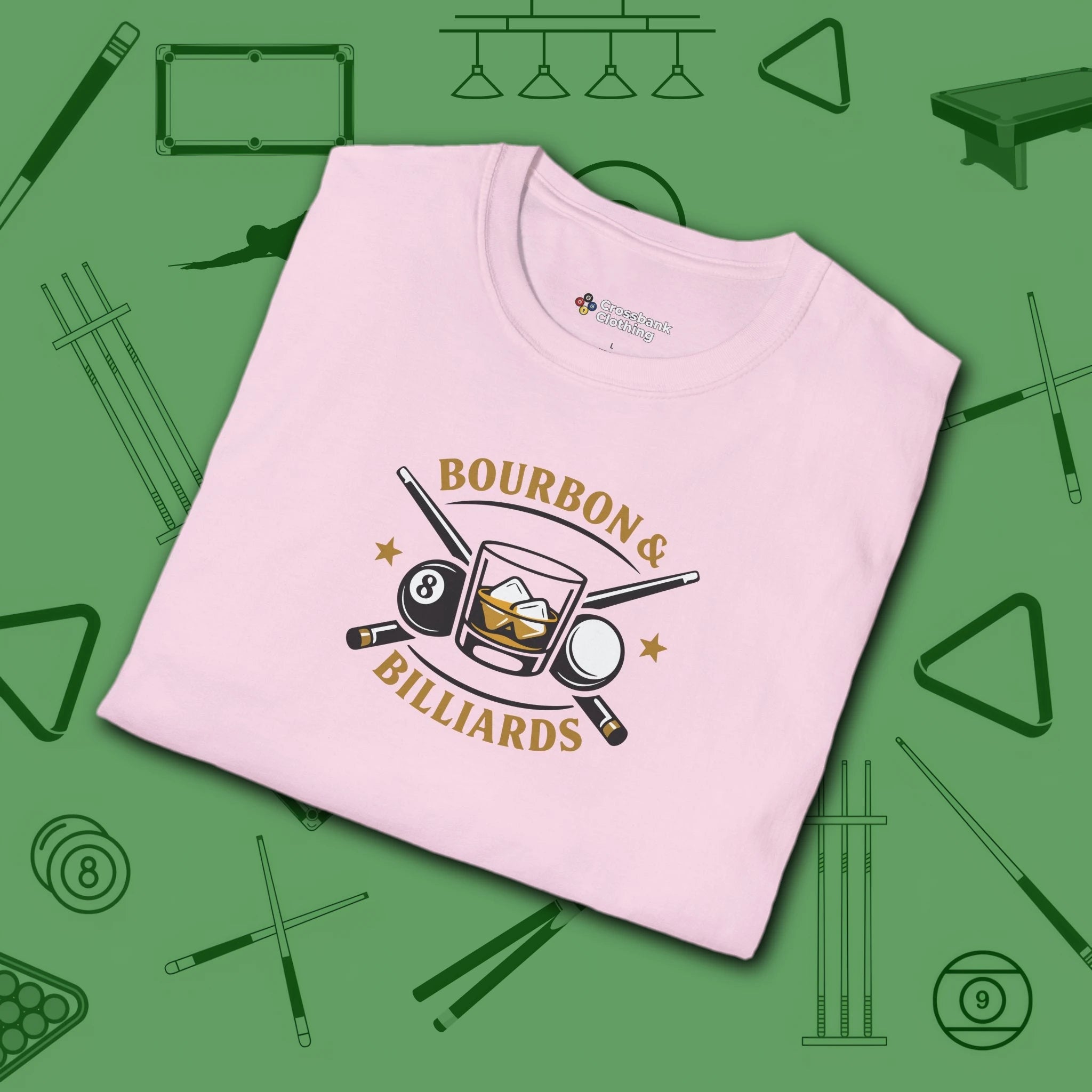 Bourbon and Billiards T-Shirt, in Light Pink color, pool shirt, folded view
