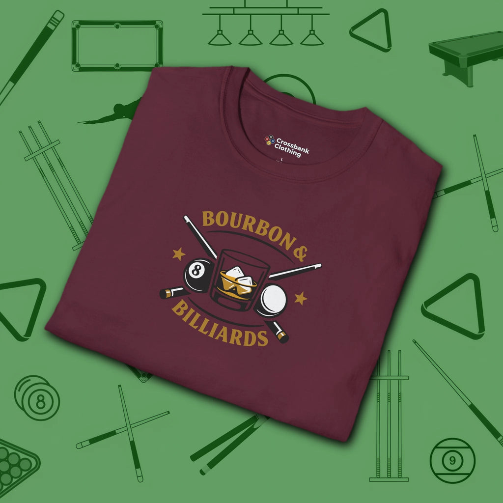 Bourbon and Billiards T-Shirt, in Maroon color, pool shirt, folded view