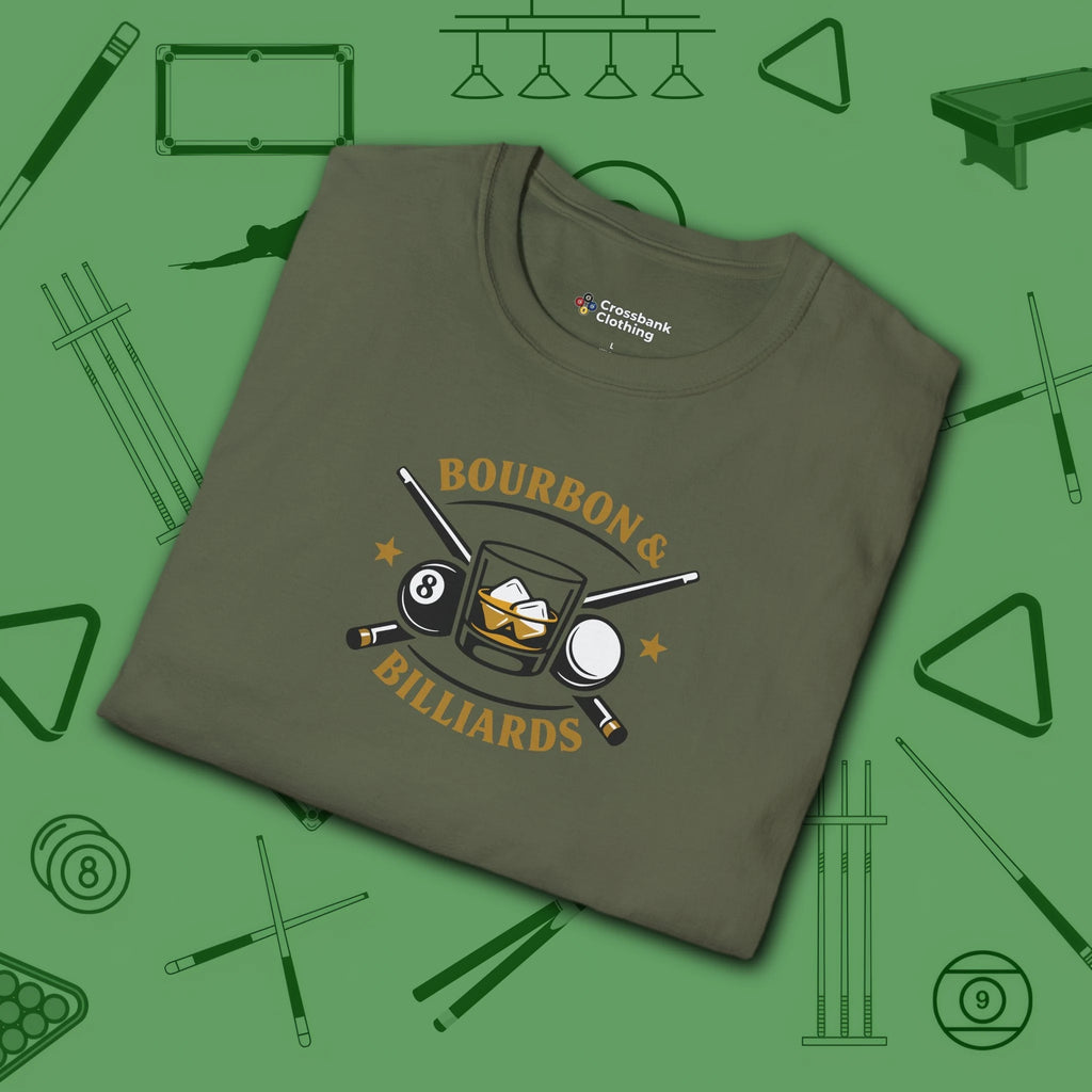Bourbon and Billiards T-Shirt, in Military Green color, pool shirt, folded view